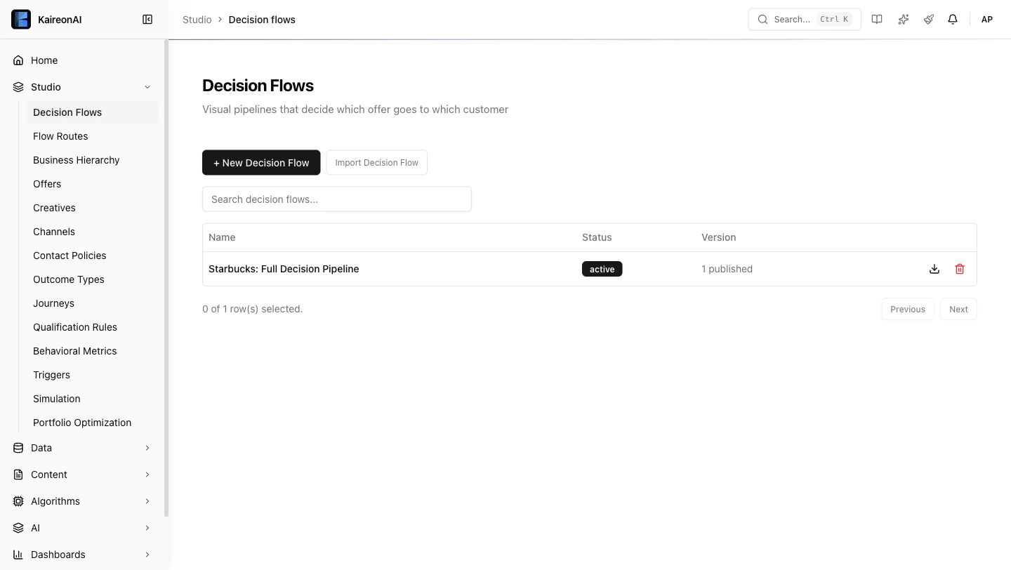 Decision Flows page showing Starbucks pipeline