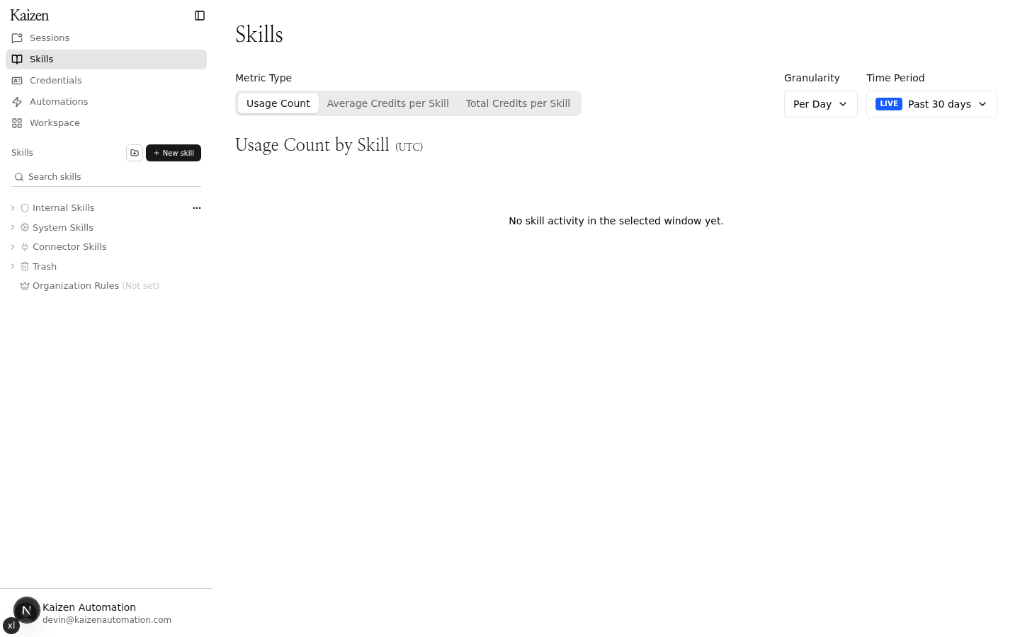 Skills page with the New skill button in the left sidebar