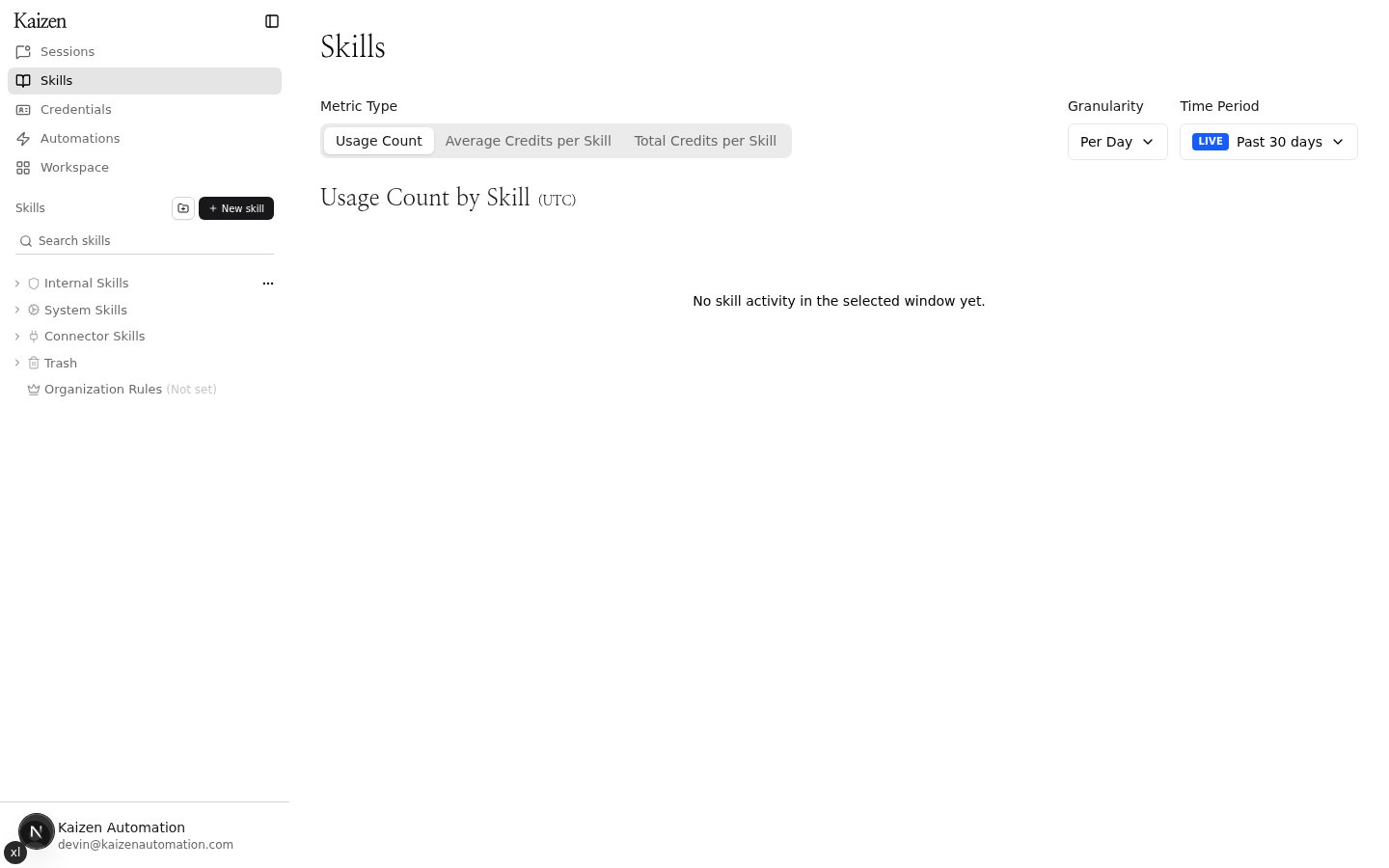 Skills page with the New skill button in the left sidebar