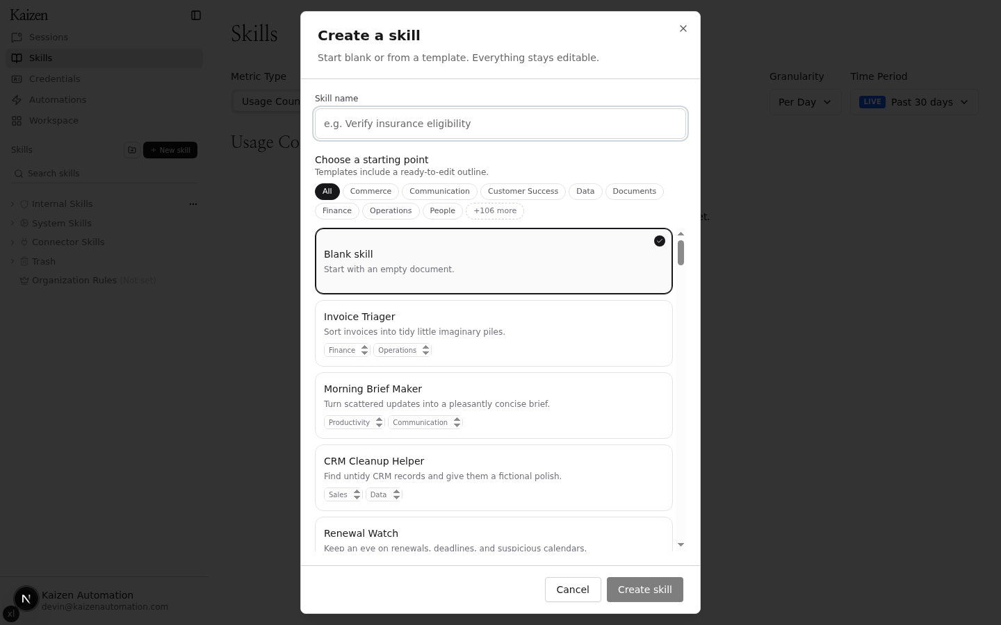 Create a skill dialog showing the template catalog and theme tags