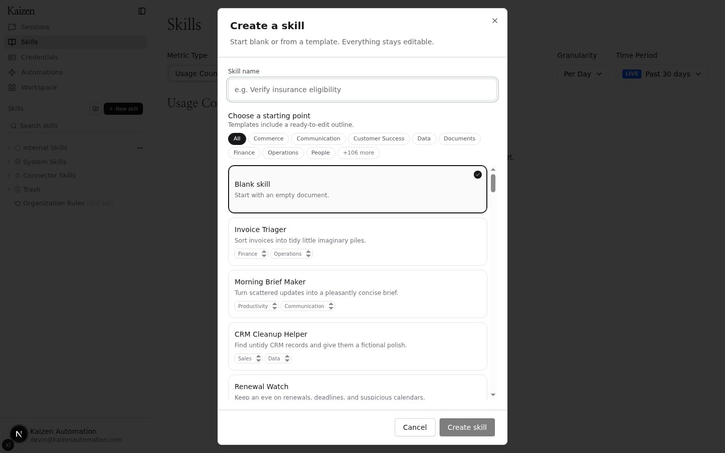 Create a skill dialog showing the template catalog and theme tags
