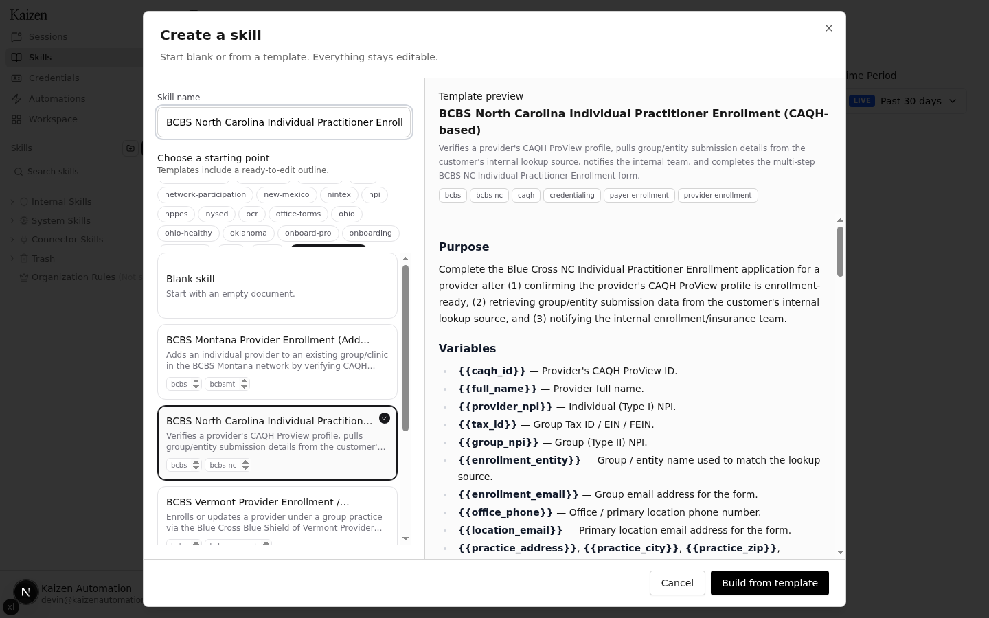 Template preview for the BCBS North Carolina enrollment template with the Build from template button