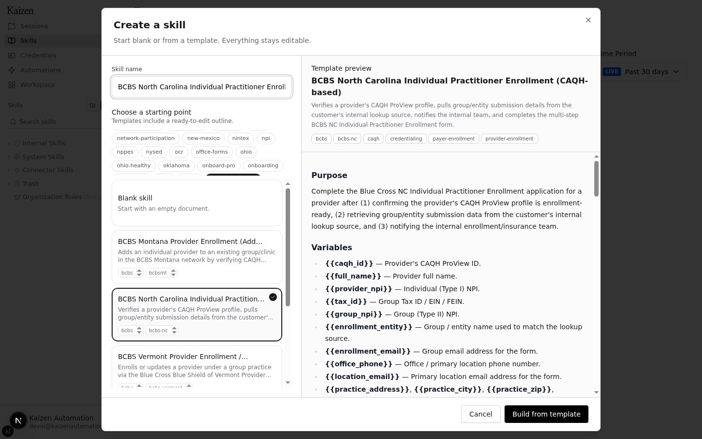 Template preview for the BCBS North Carolina enrollment template with the Build from template button
