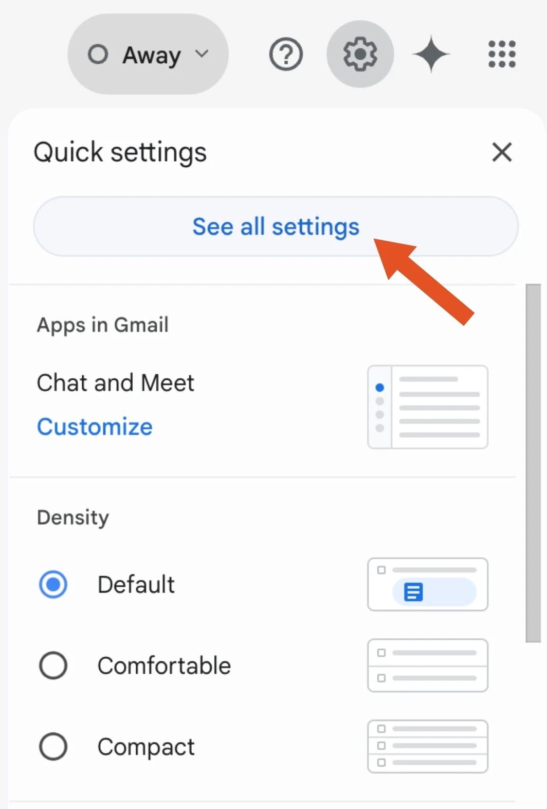 Gmail Quick settings panel with See all settings button highlighted