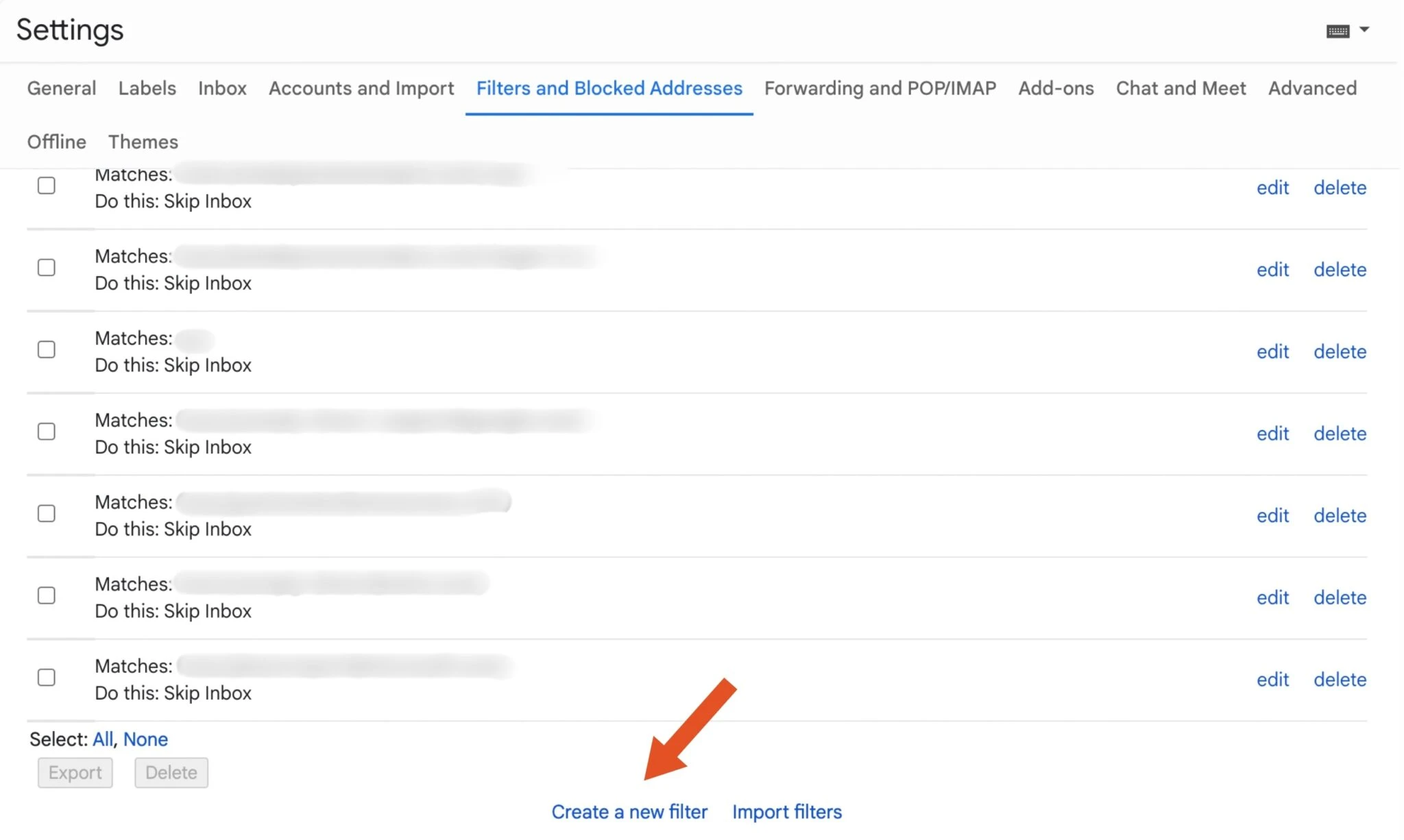 Gmail Settings showing Filters and Blocked Addresses tab with Create a new filter link