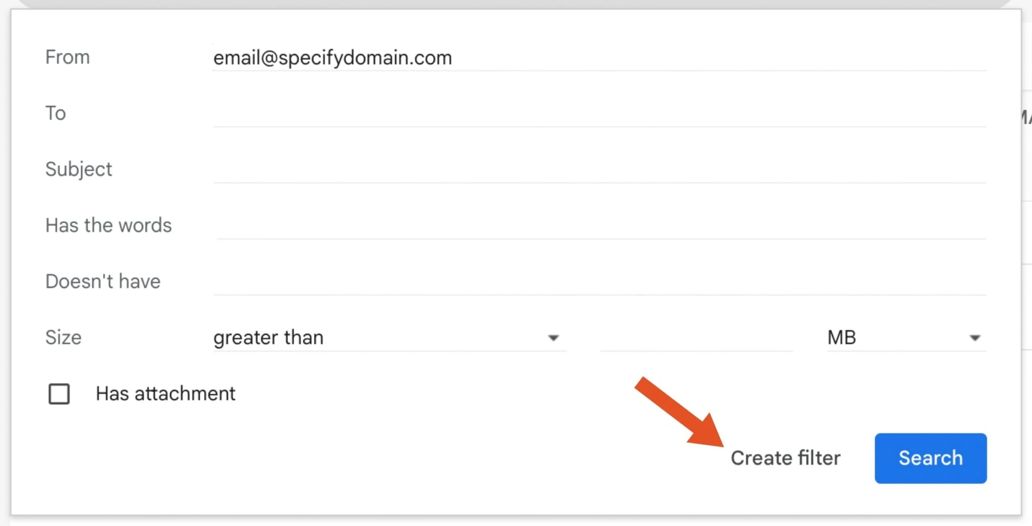 Gmail filter criteria dialog with From field and Create filter button