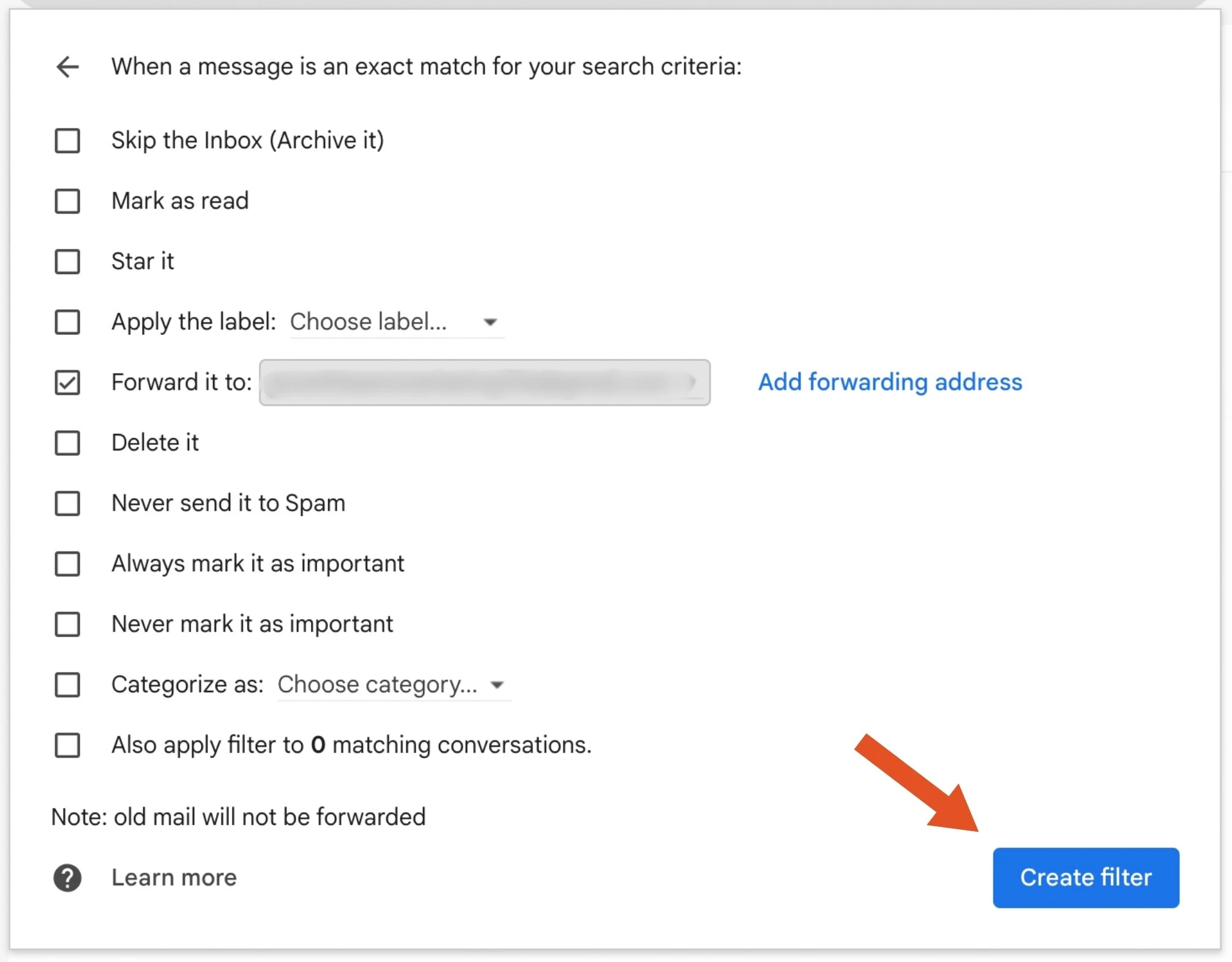 Gmail filter actions dialog with Create filter button
