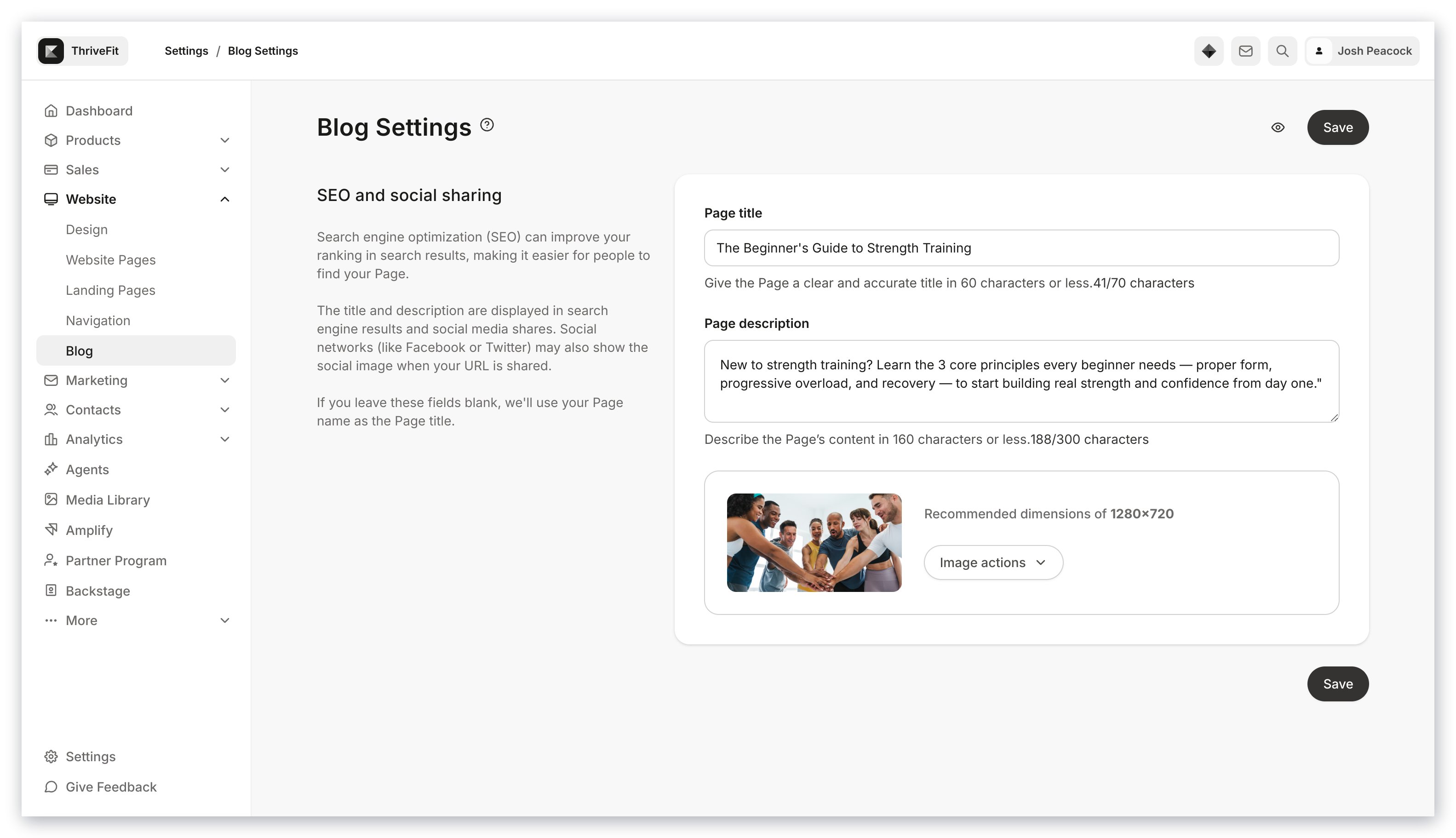 SEO and Sharing Settings for Blog