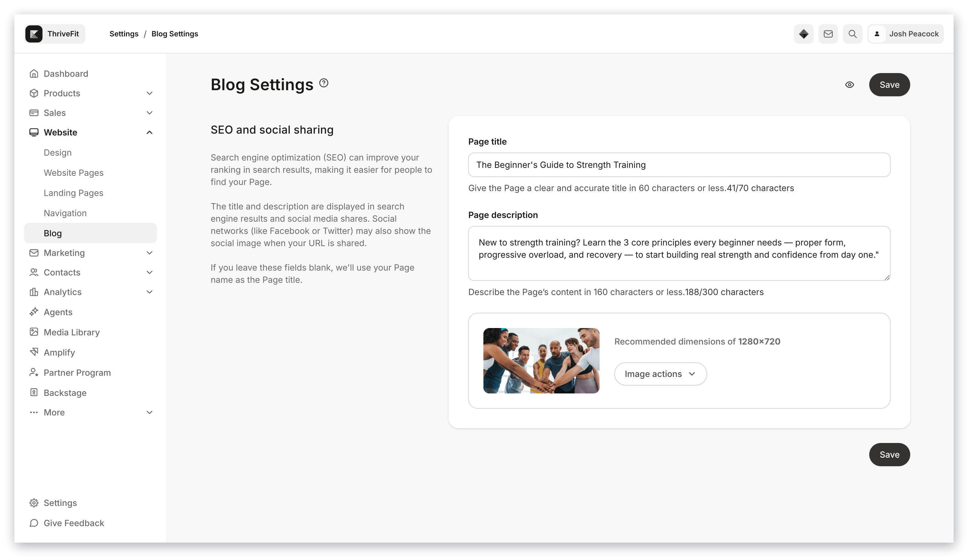 SEO and Sharing Settings for Blog