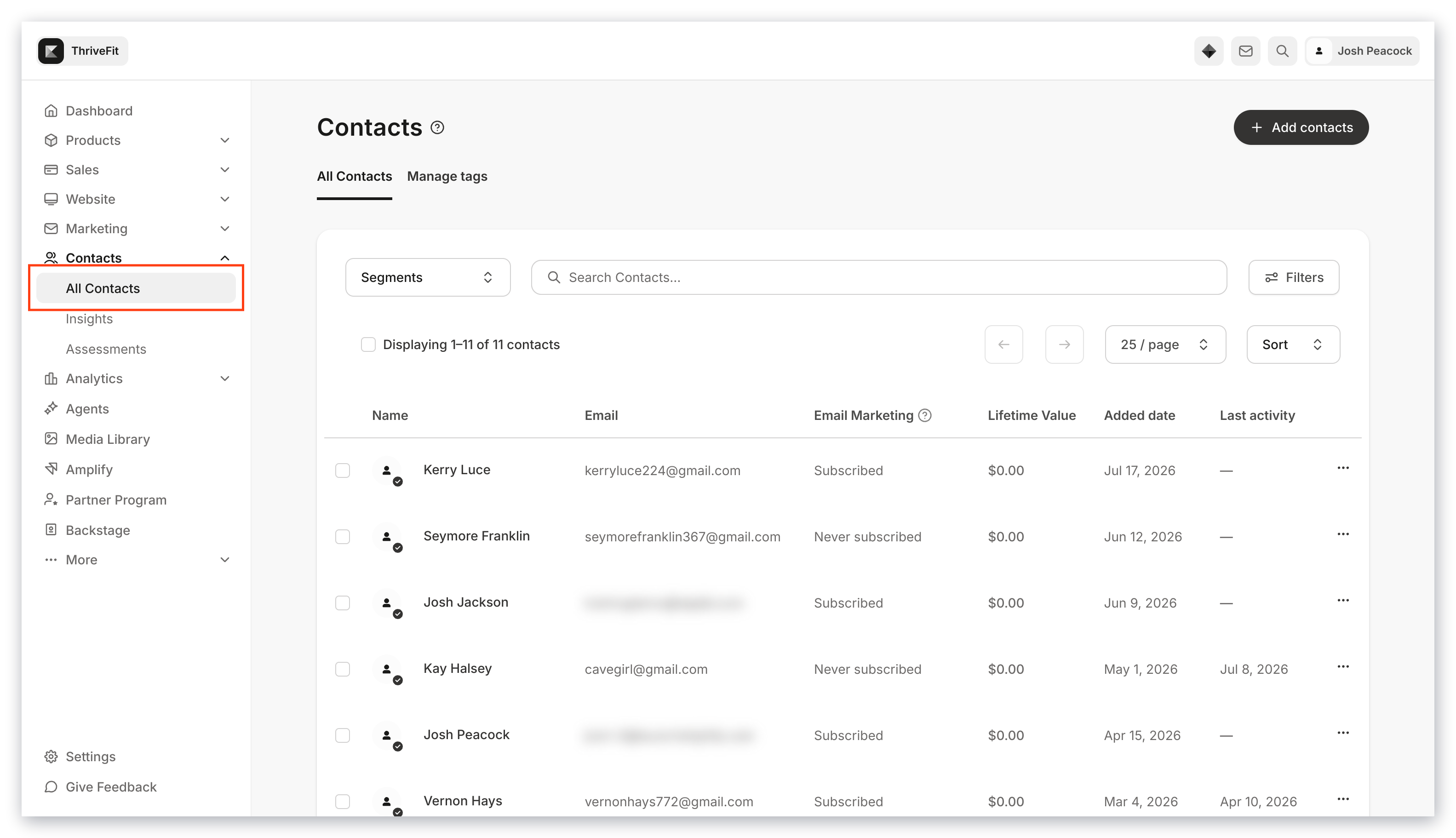 Kajabi Contacts page