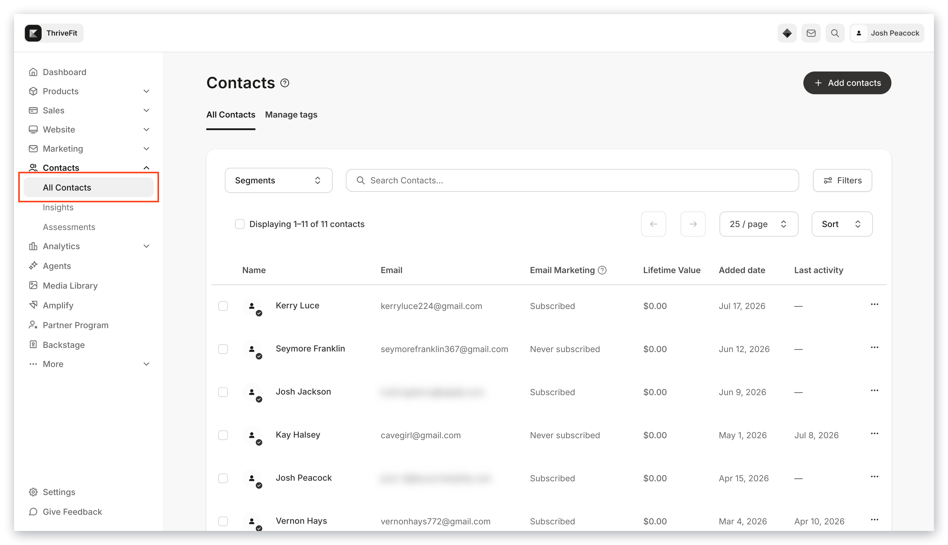 Kajabi Contacts page