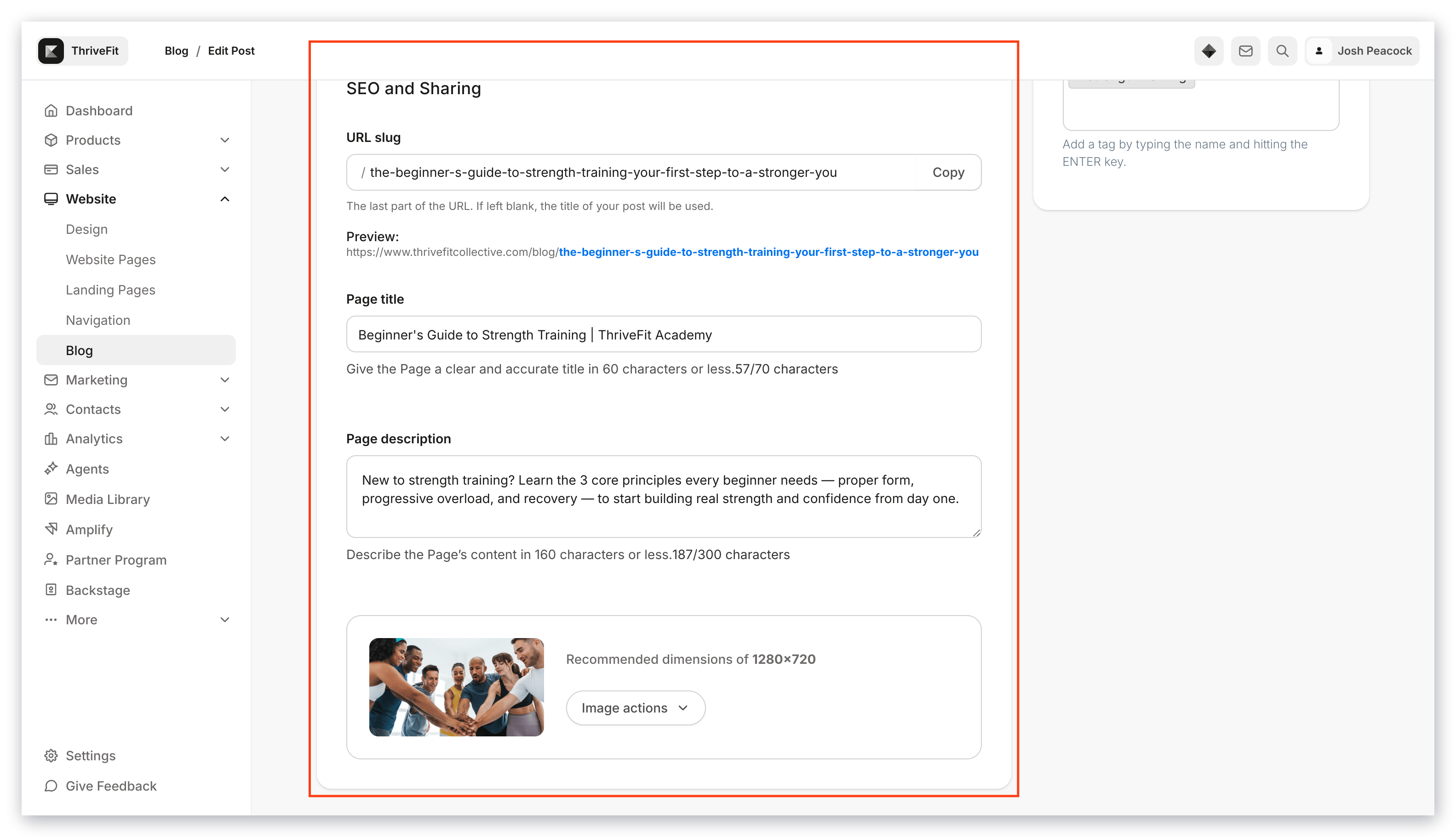 SEO and Sharing Settings for Post