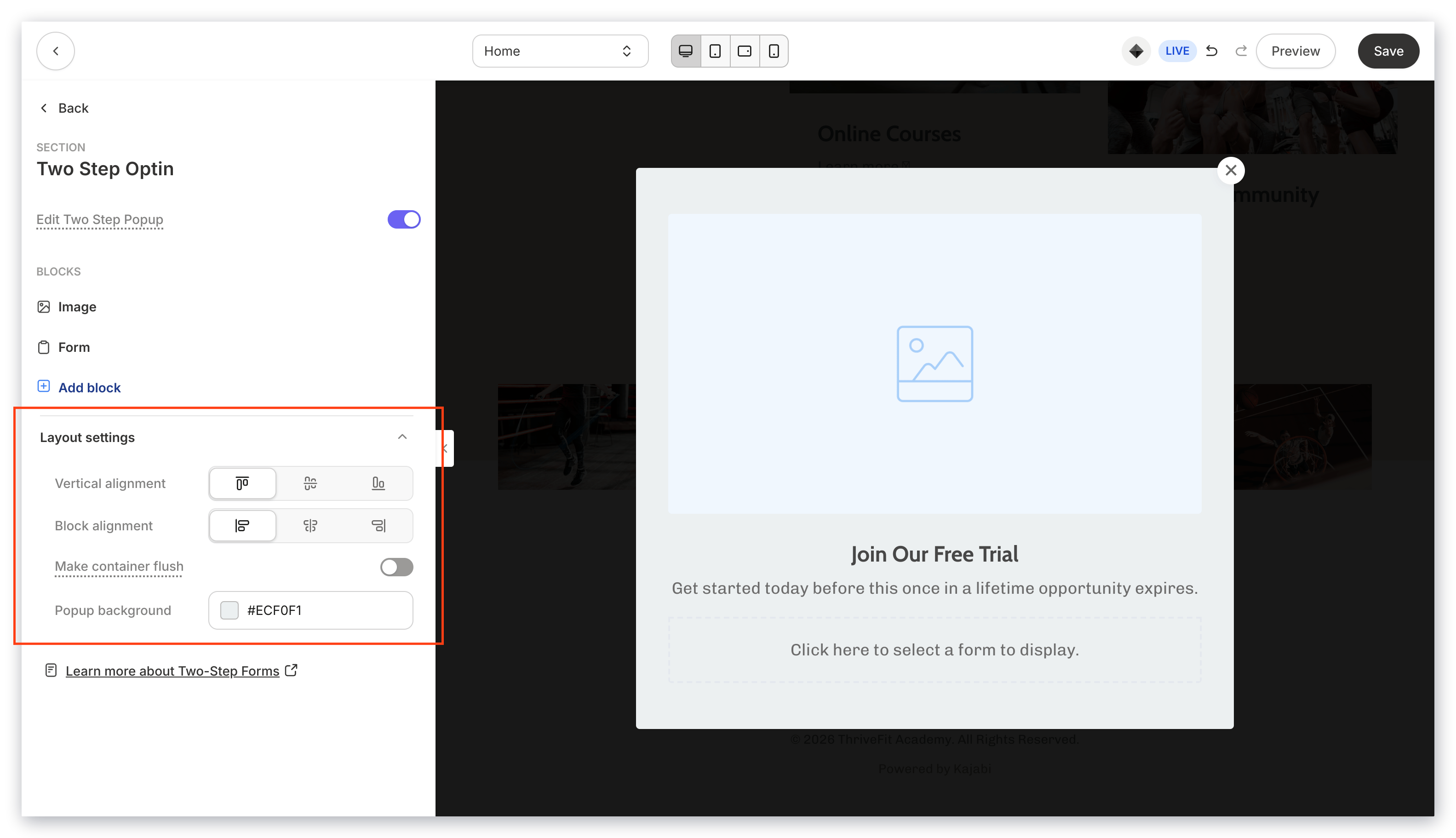 Two Step Optin Layout Settings