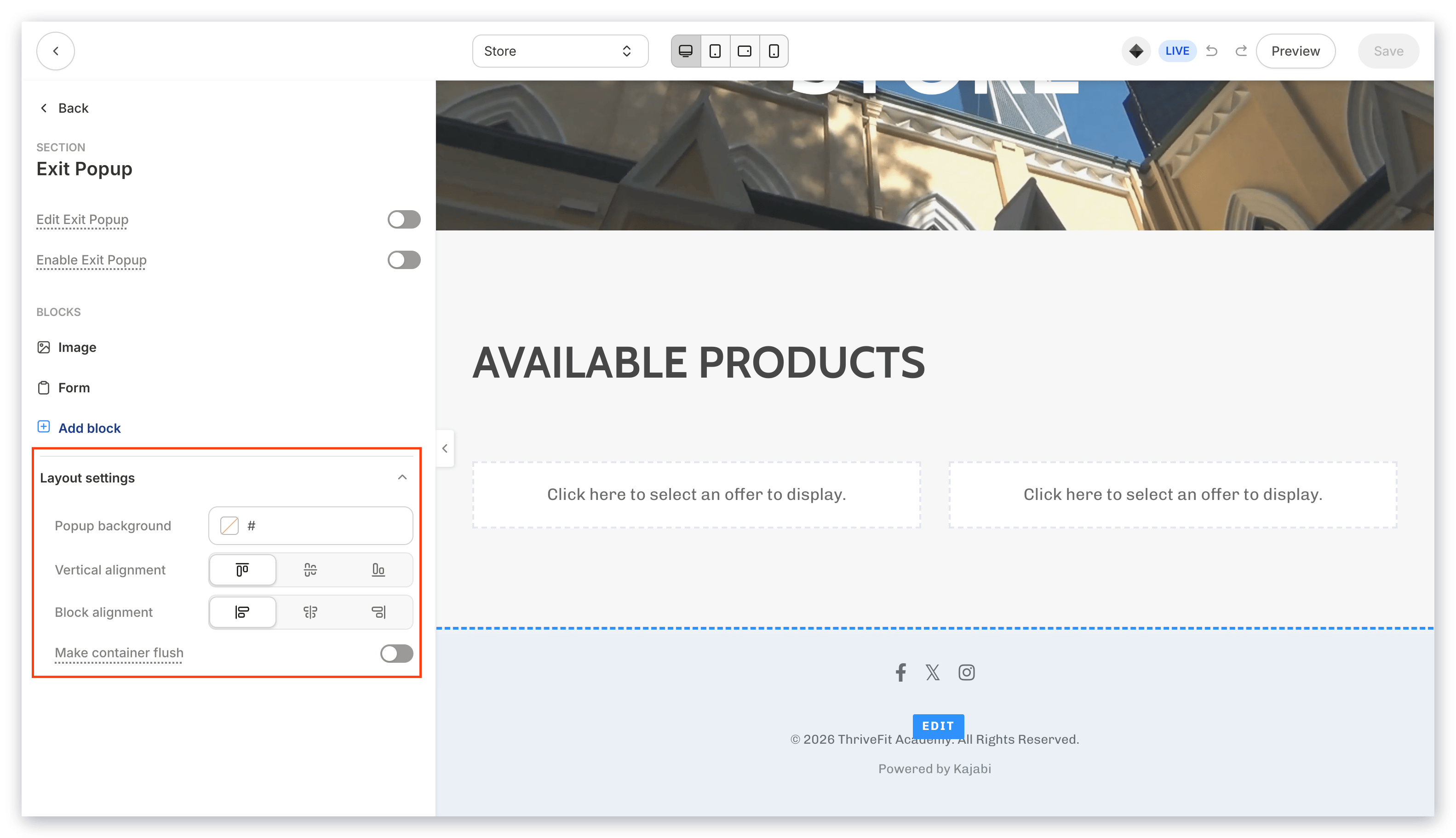 Popup Layout Settings