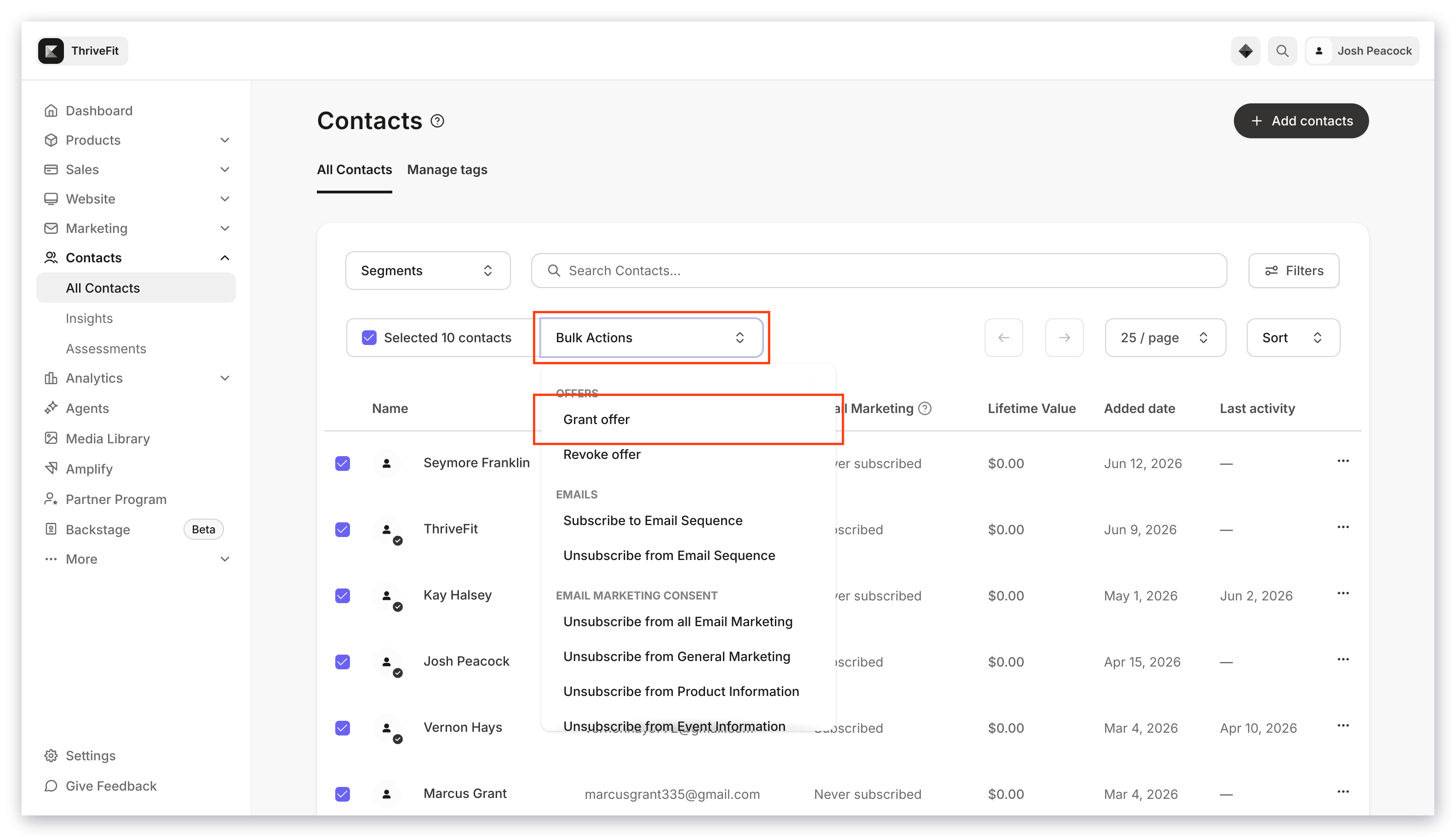 Bulk Actions menu