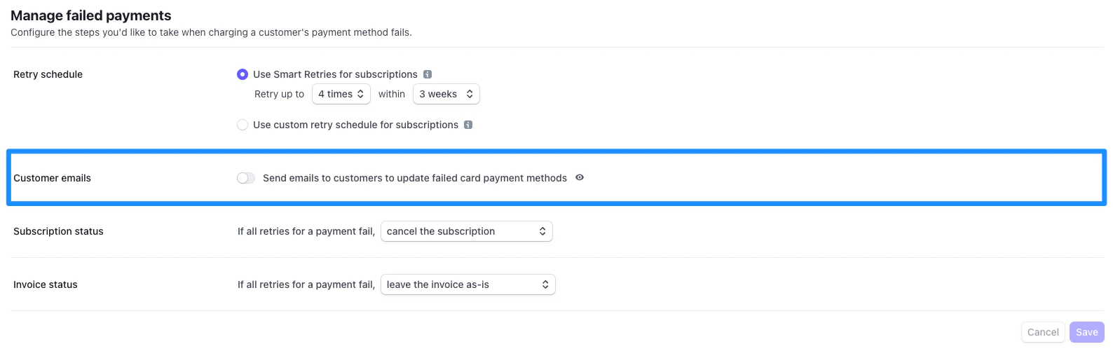 Stripe email settings