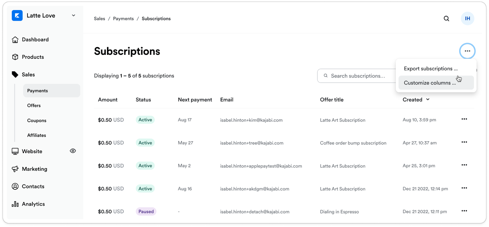 Export subscriptions