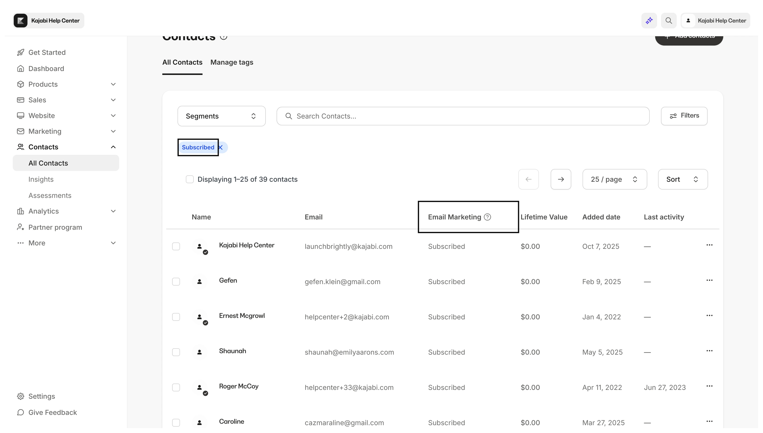 Form submissions in Contacts tab