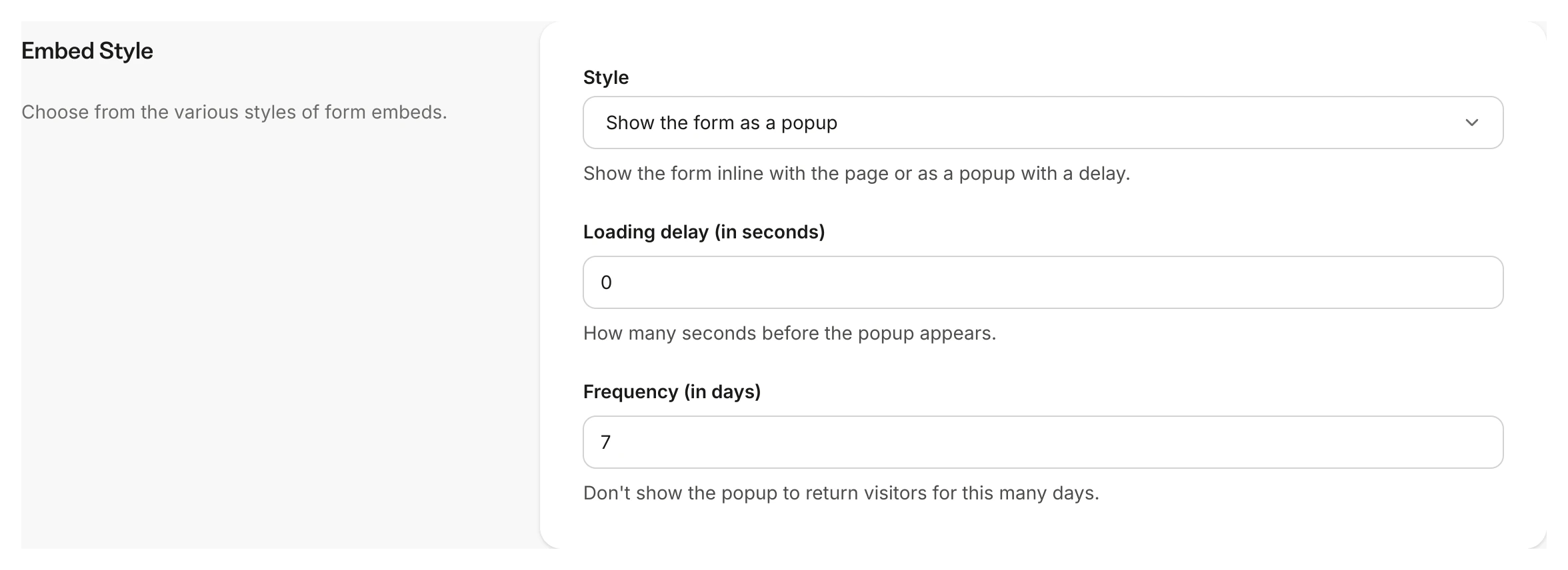 Pop-up form settings