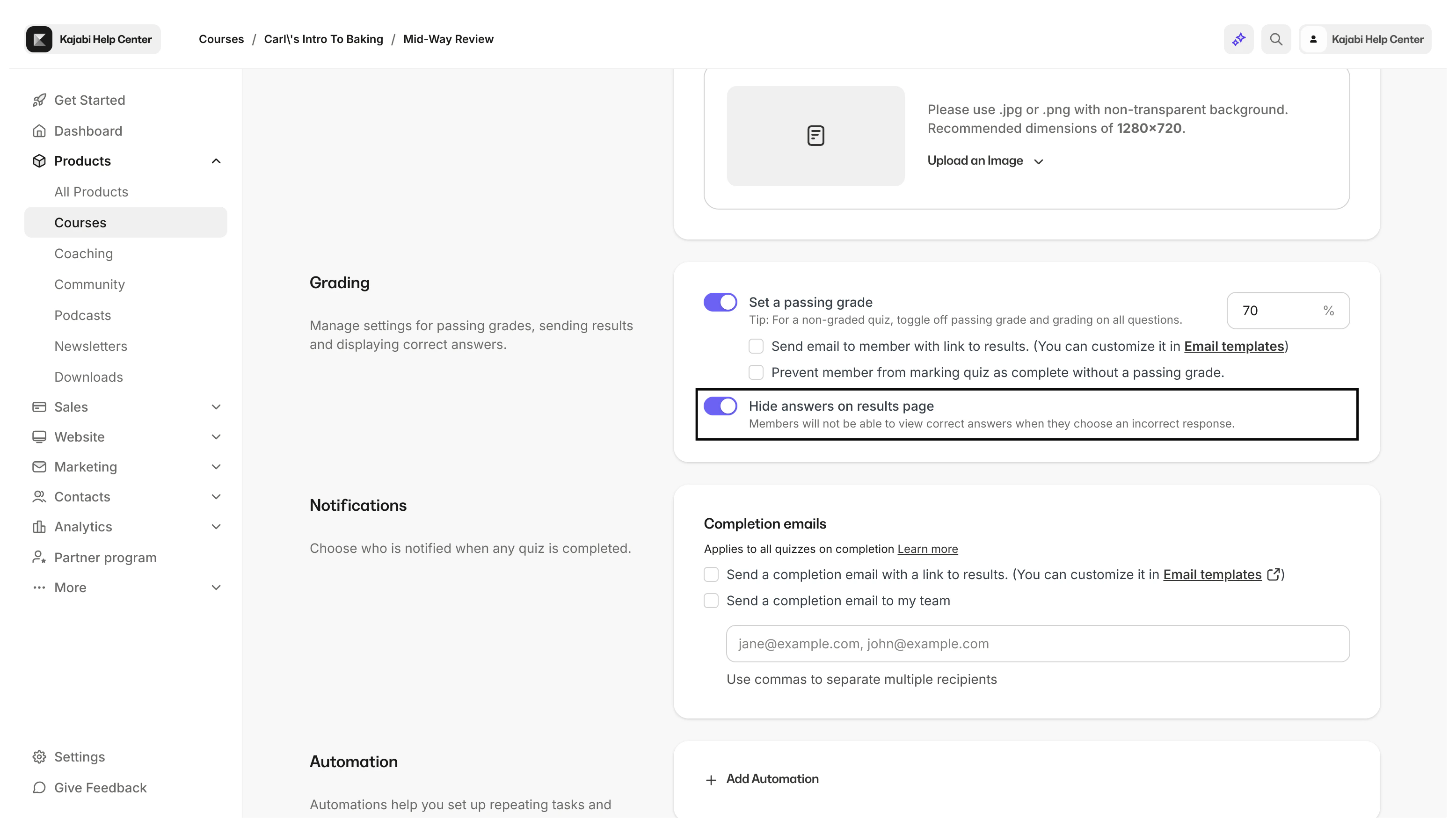 Hide answers setting