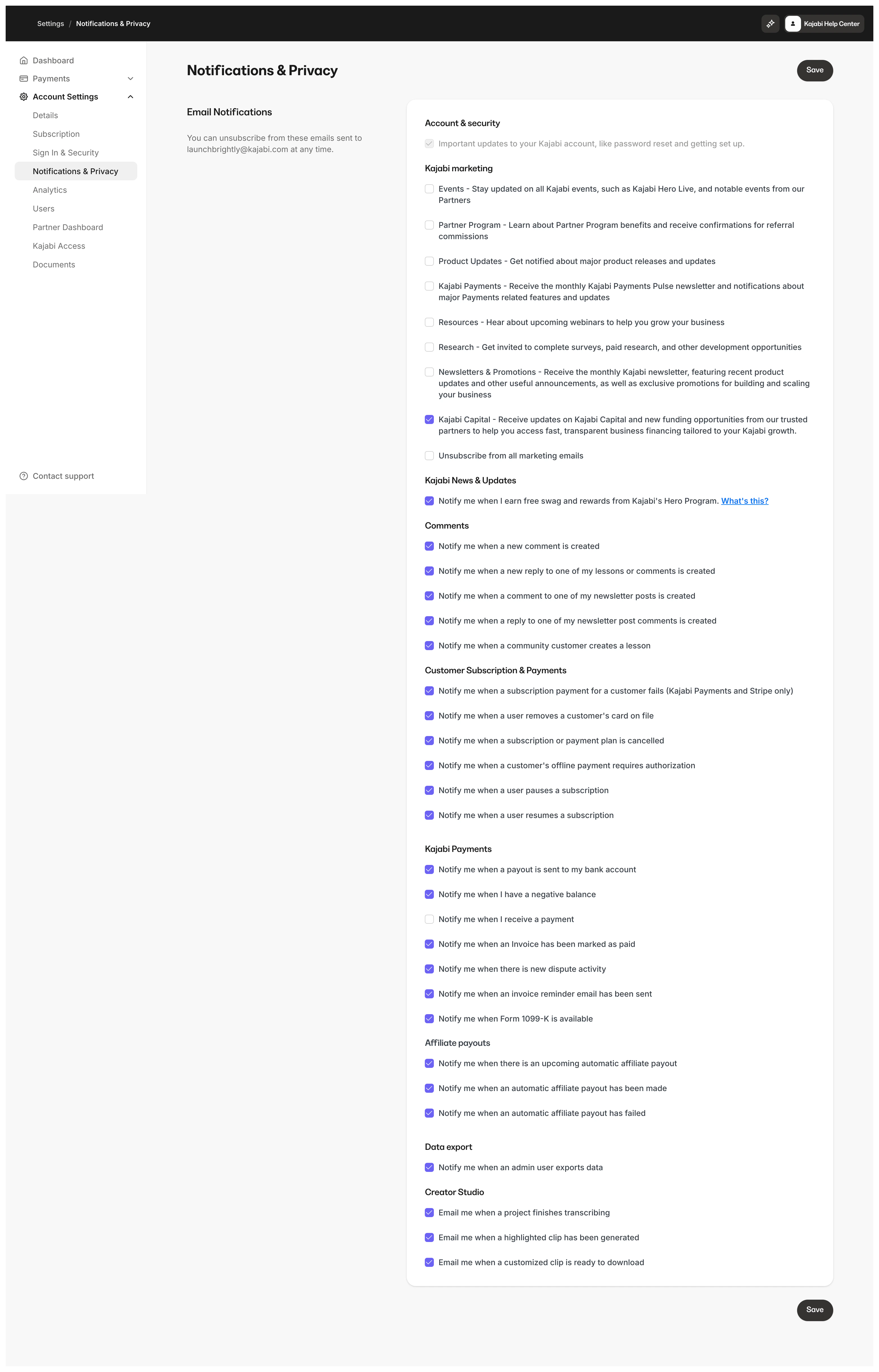 Email notifications settings