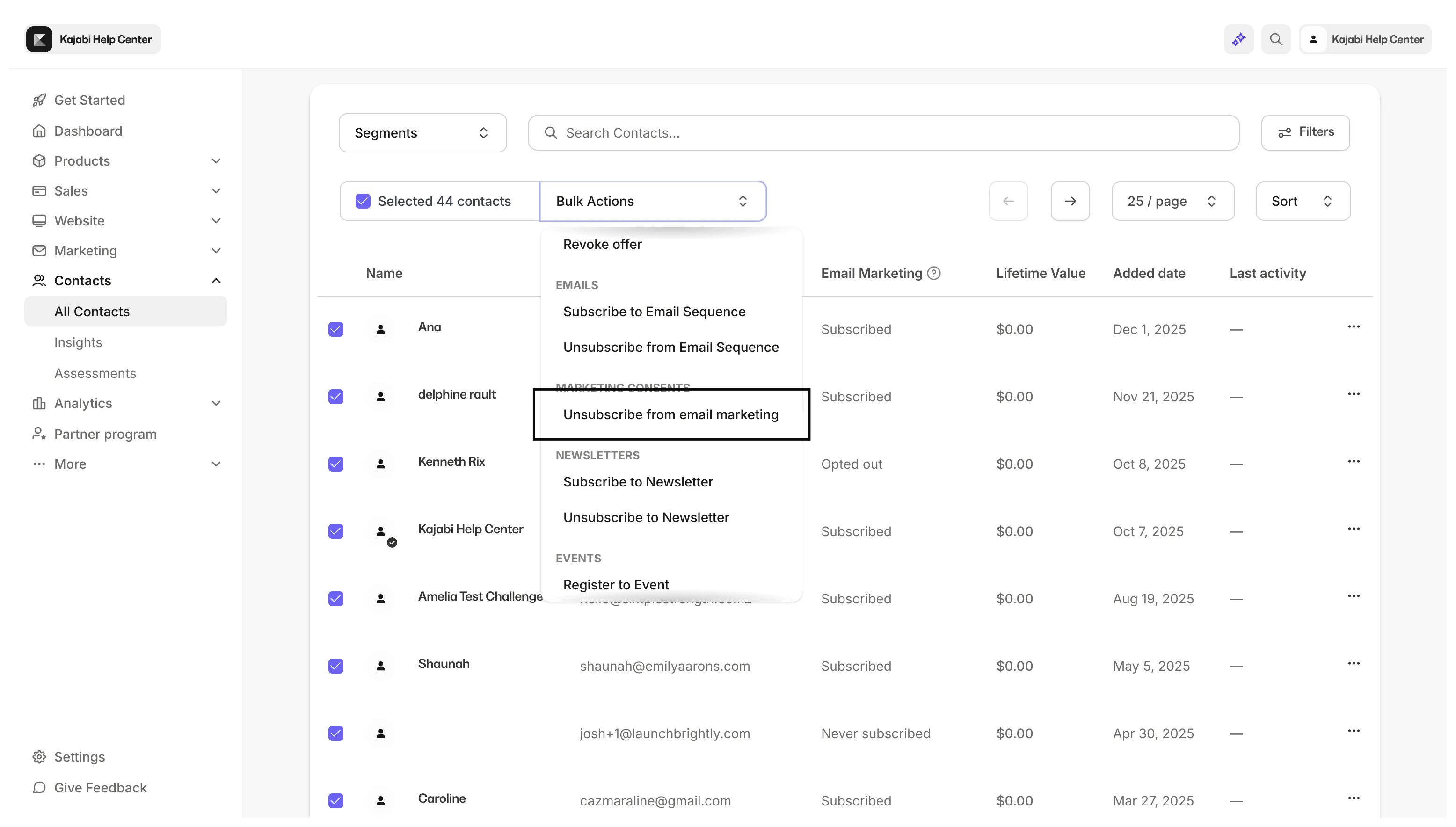 Bulk actions unsubscribe