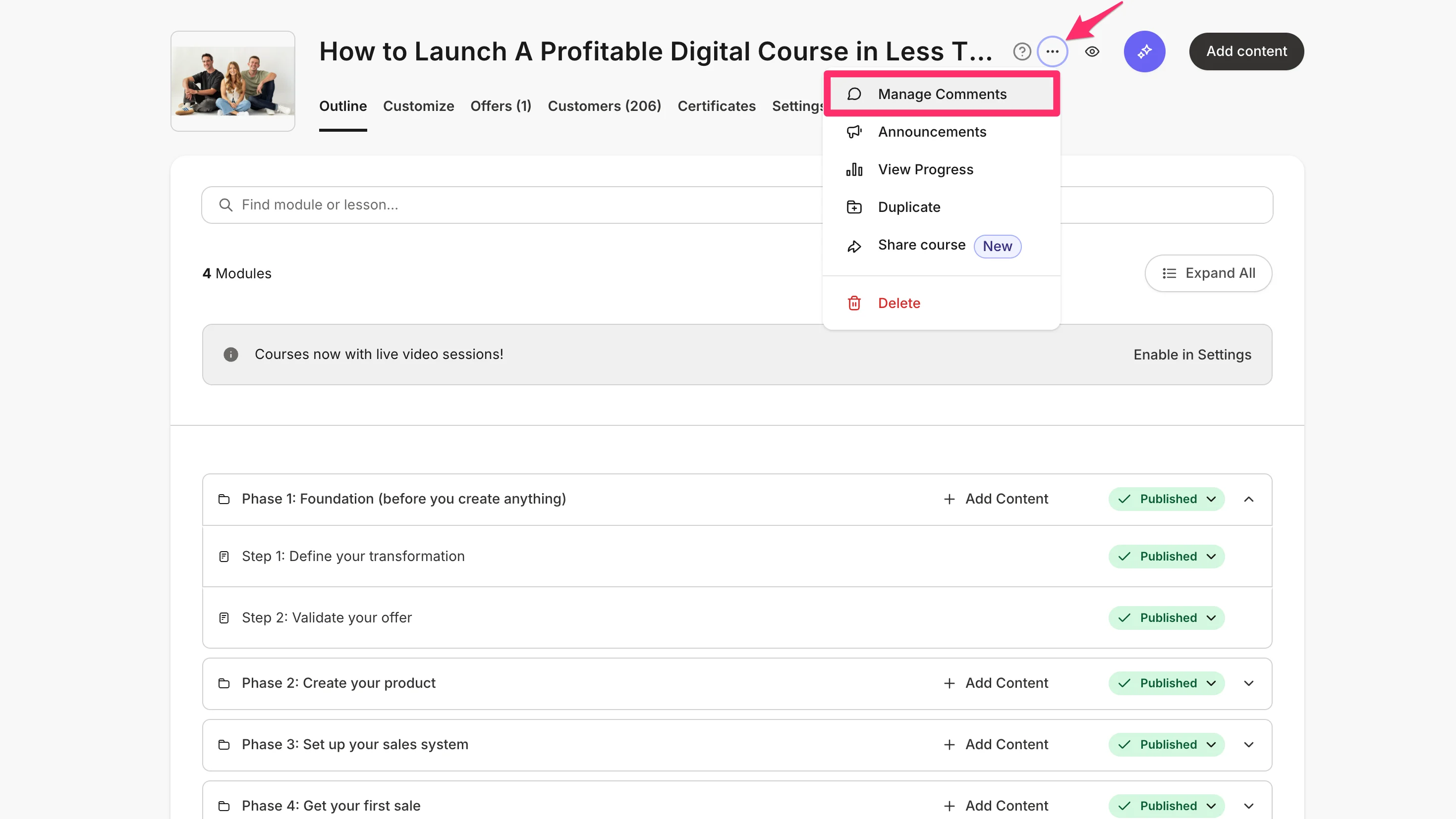 Manage Comments option in Course ellipses menu