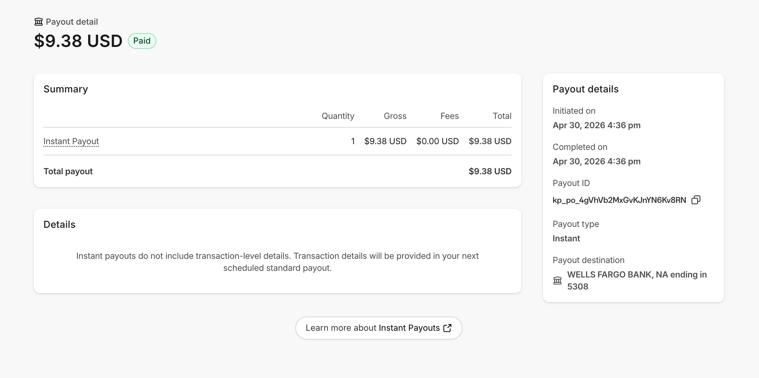 Instant Payout Details