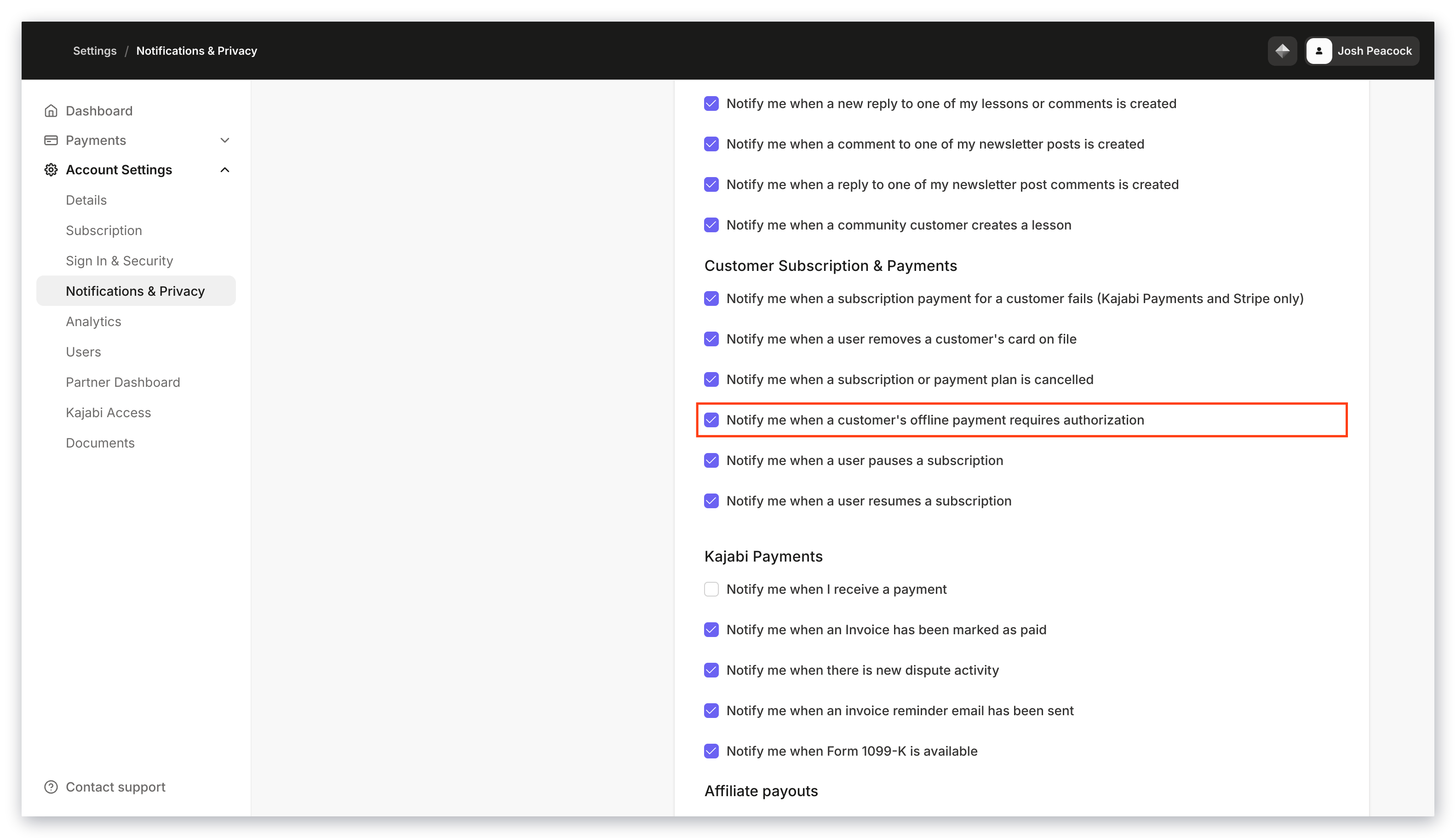 Email notification preferences