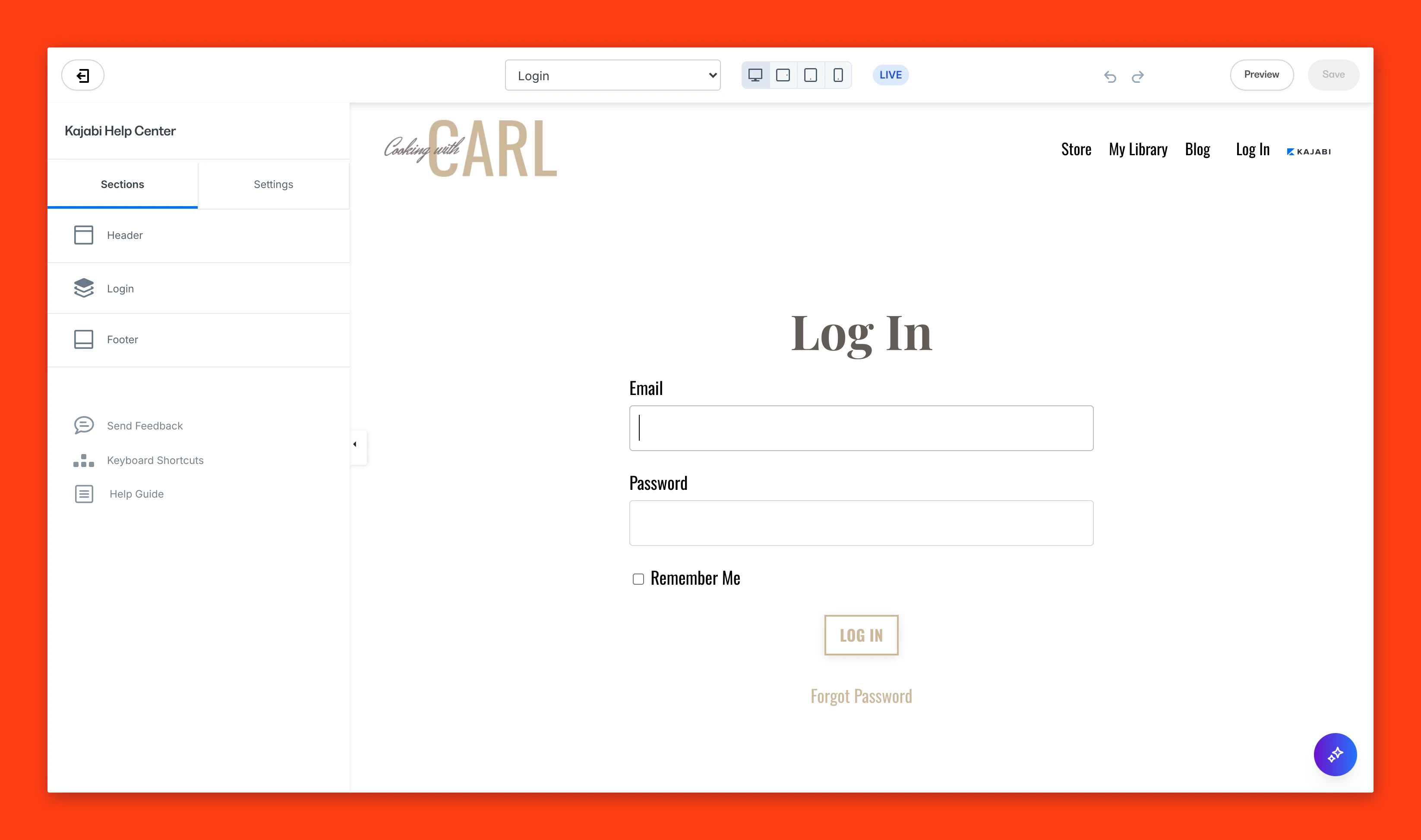 Login displayed when customizing