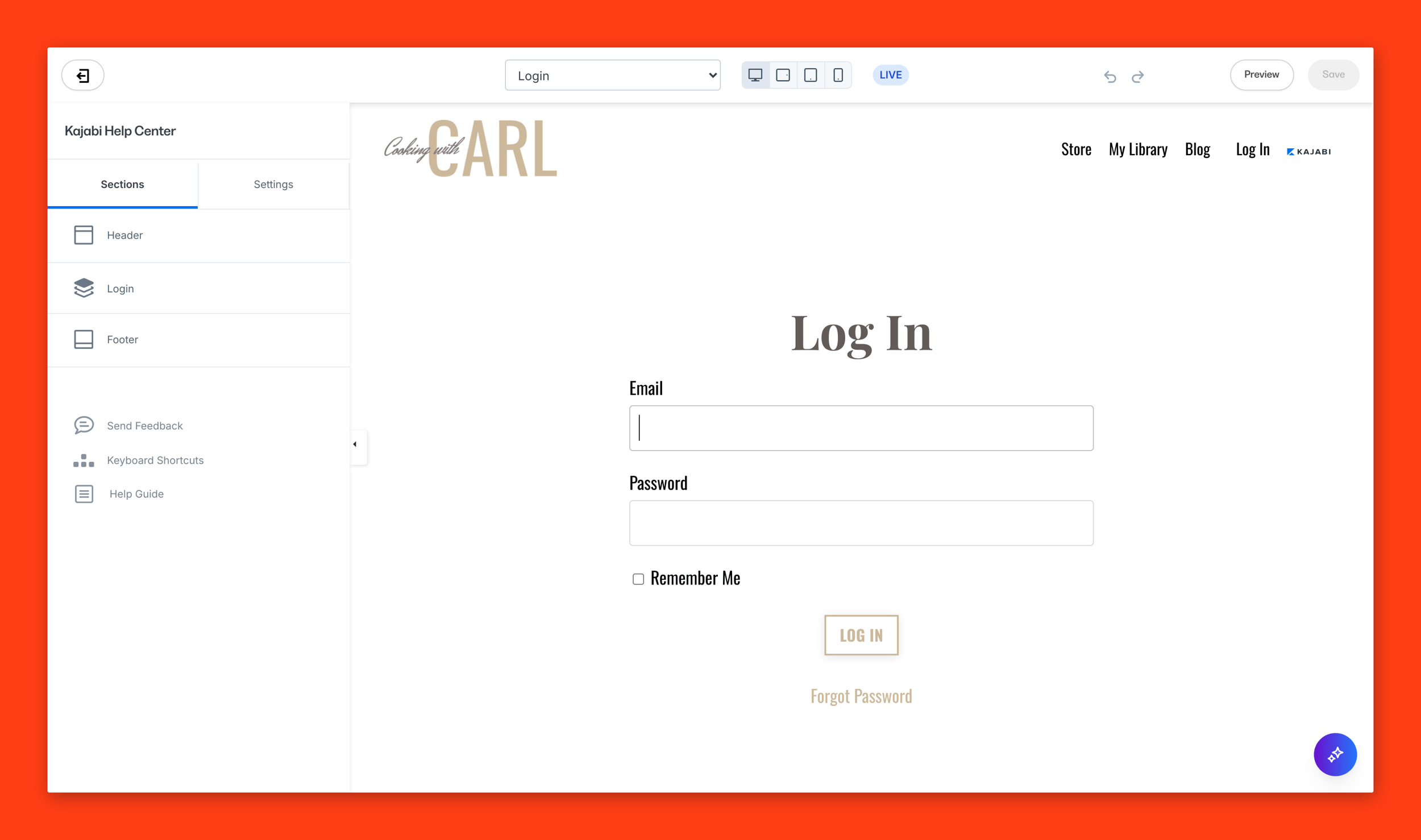 Login displayed when customizing