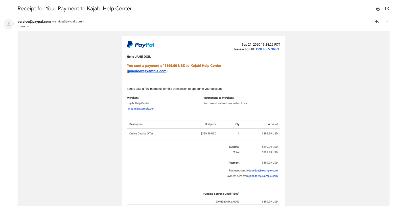 PayPal receipt example