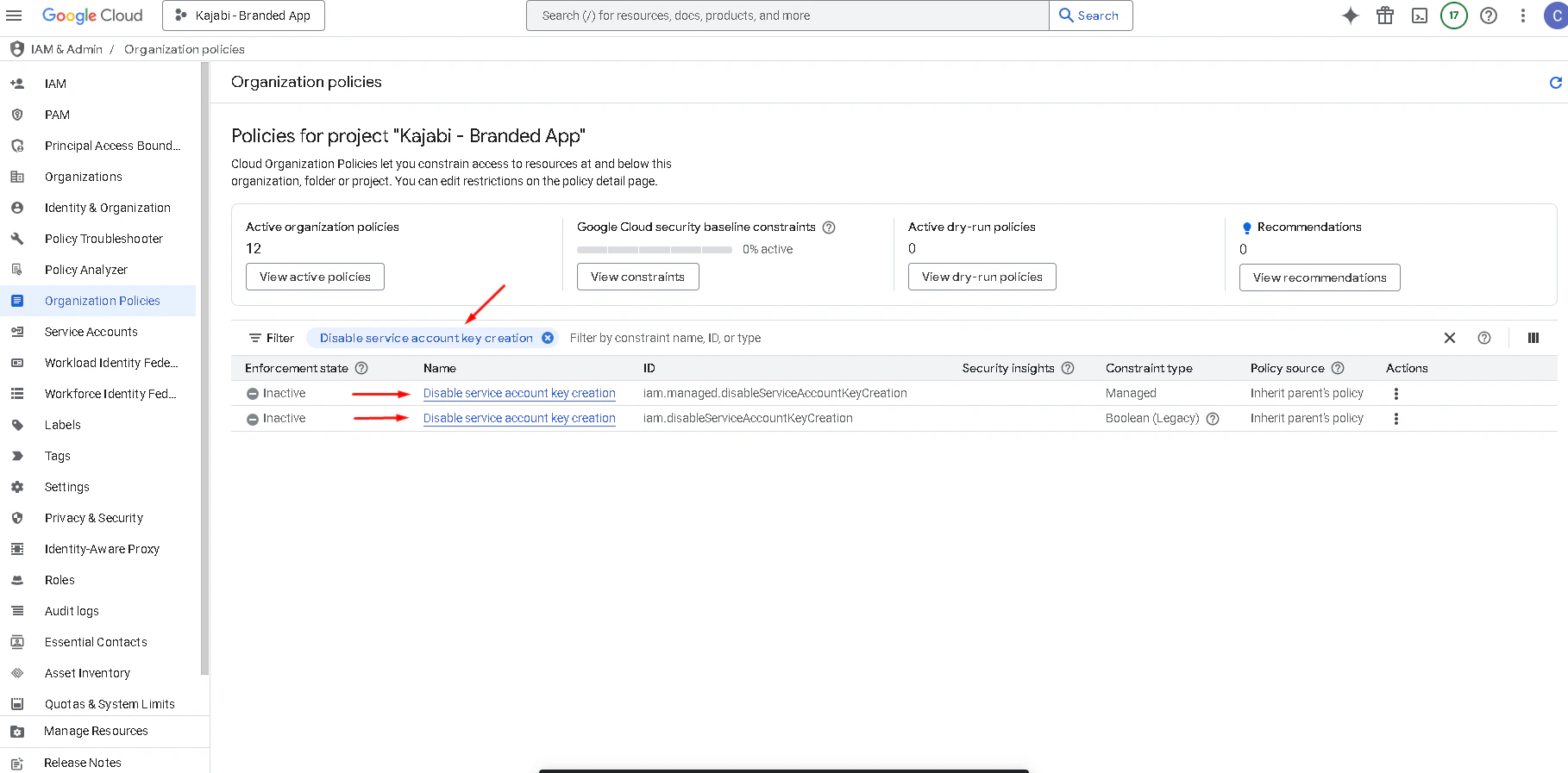 Disable service account key creation