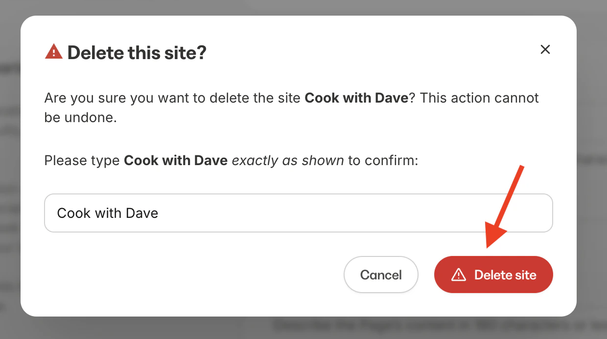 Confirm delete site