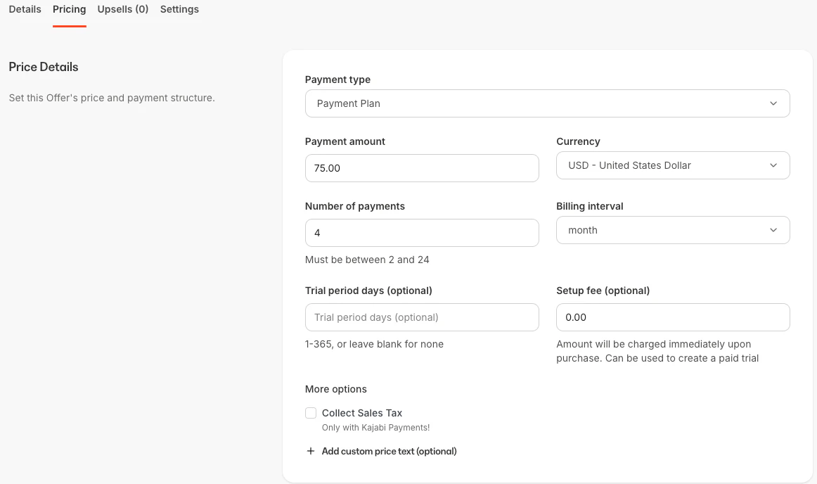 Payment plan settings