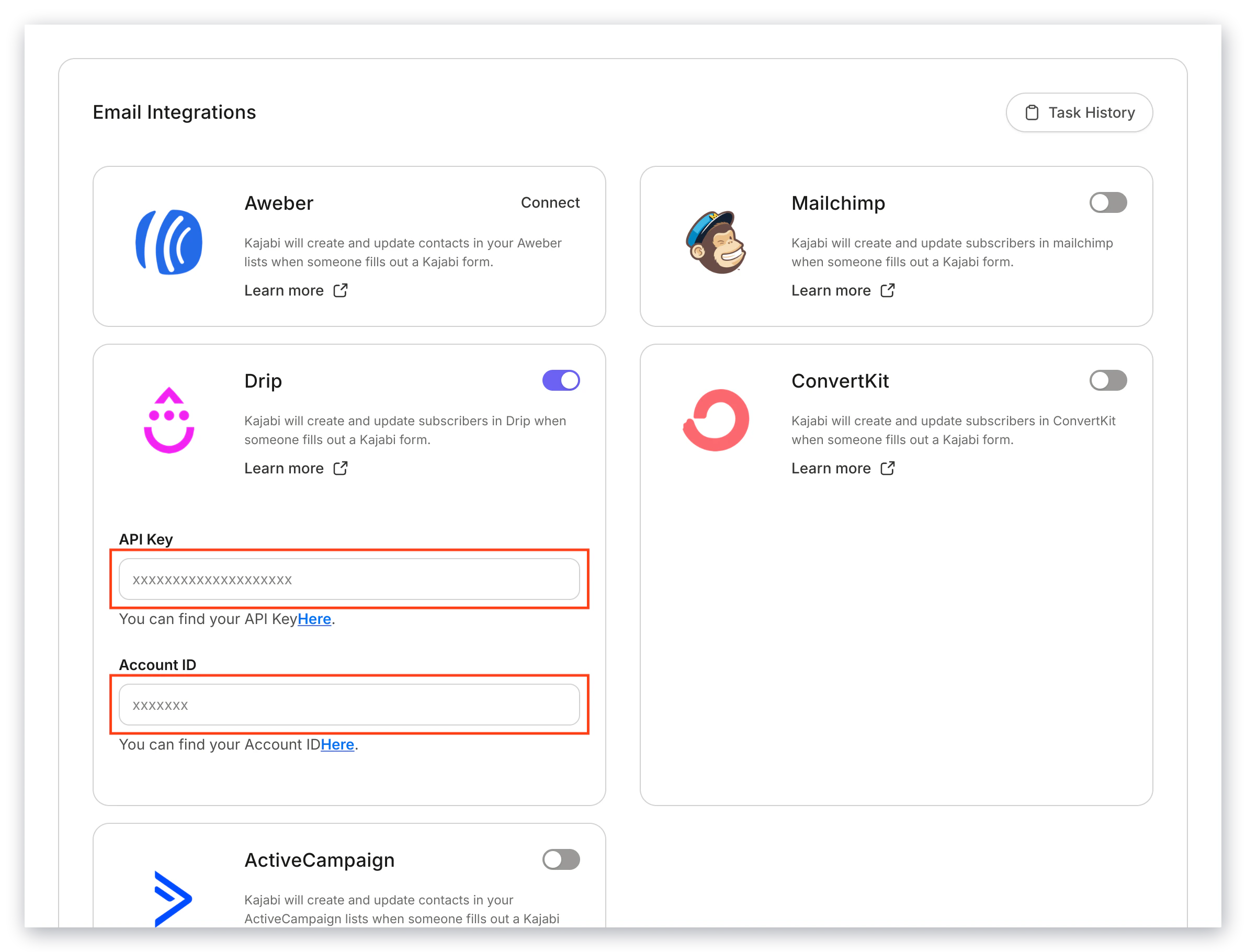 Drip Integration Settings