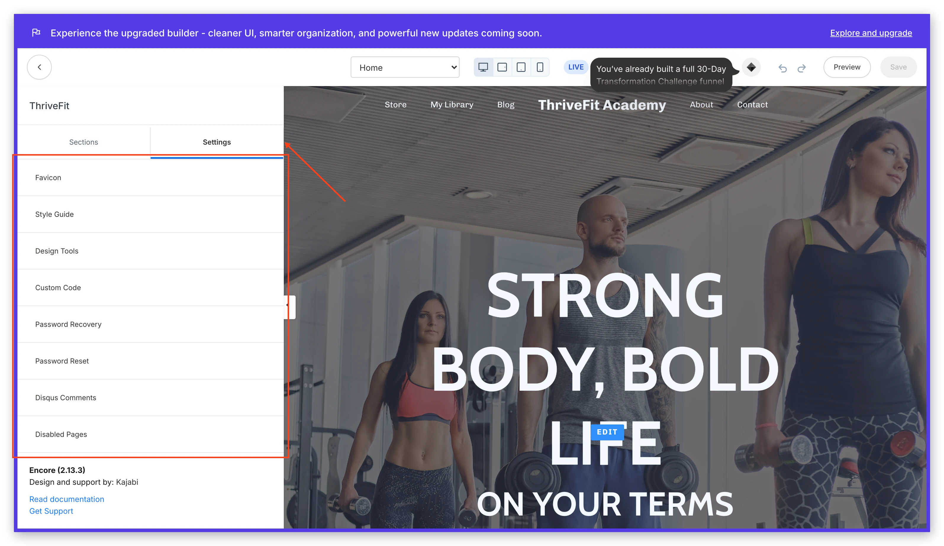 Website settings panel