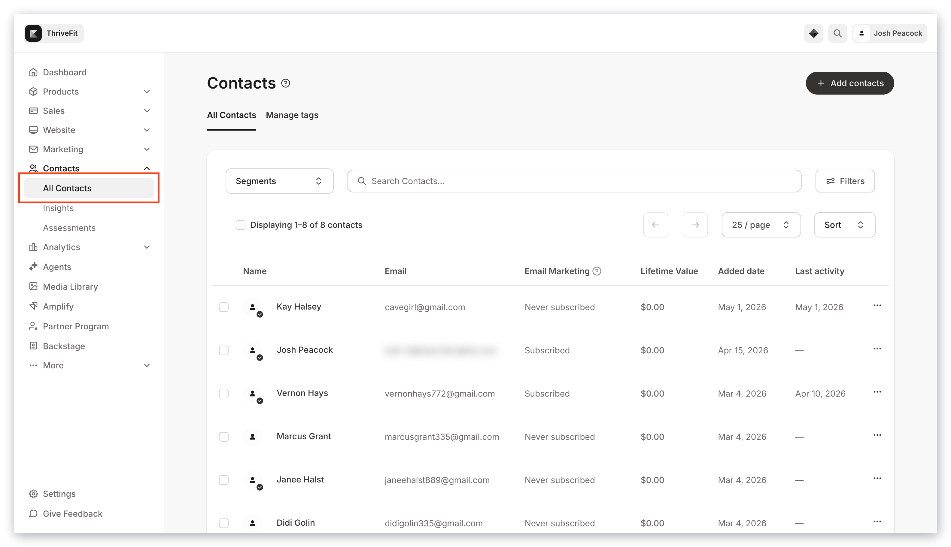 Kajabi Contacts page