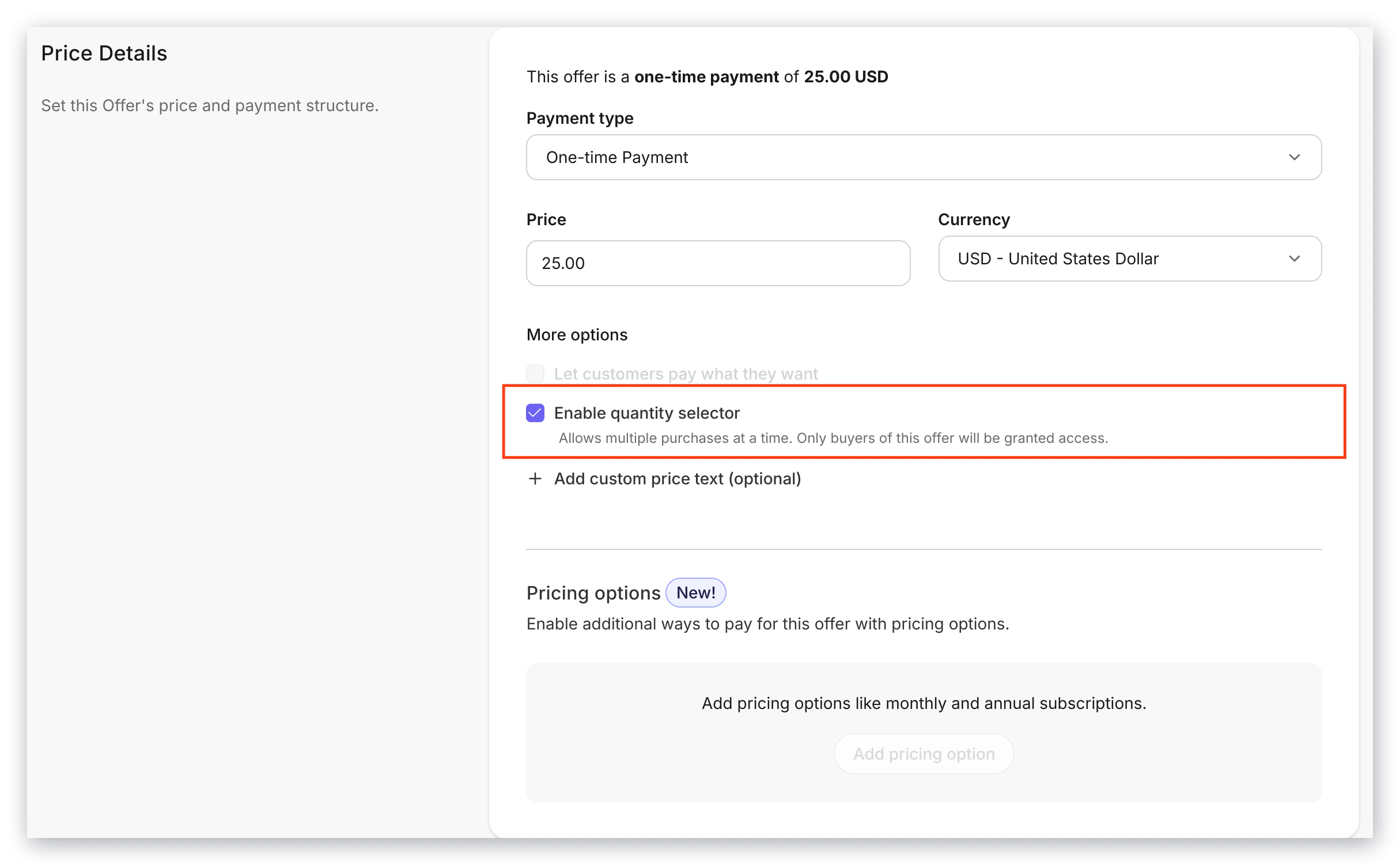 Enable quantity selector