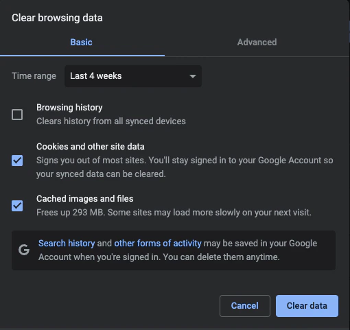 Browser cache clearing screen