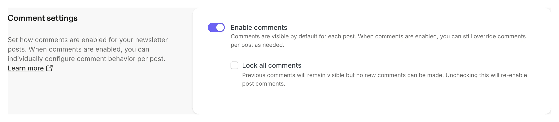 Comment settings toggle