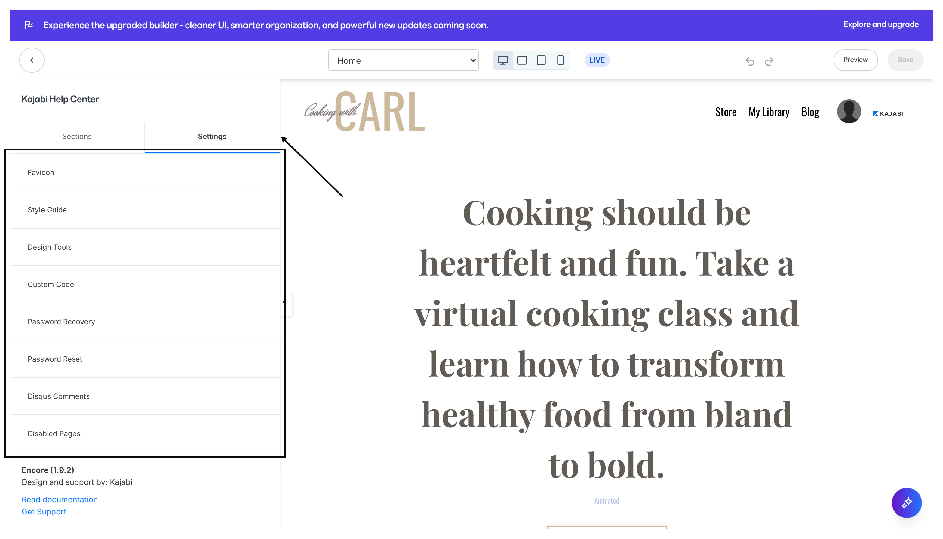Website settings panel