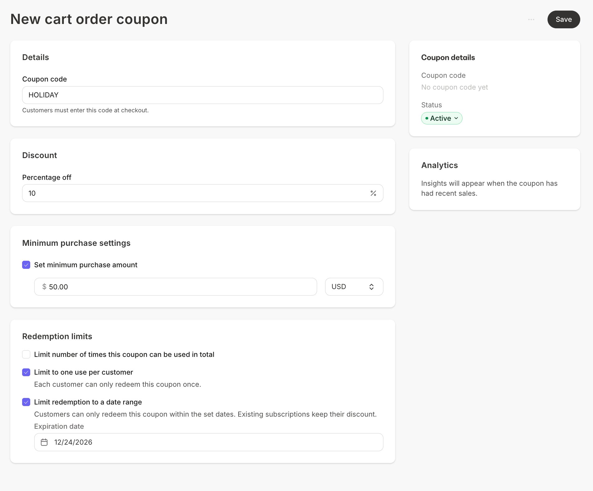 Status And New Cart Order Coupon
