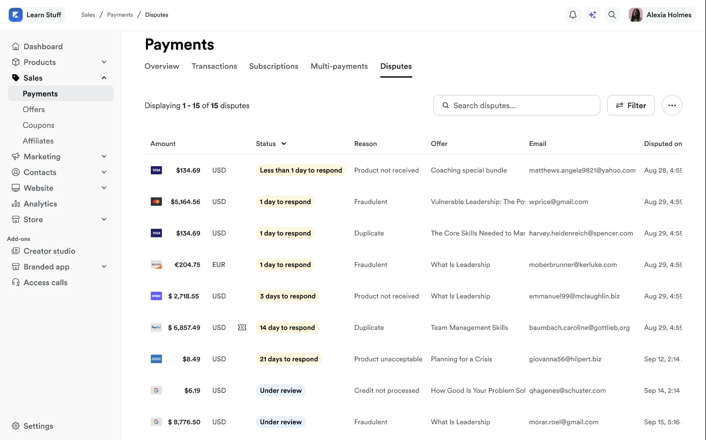 Disputes page overview