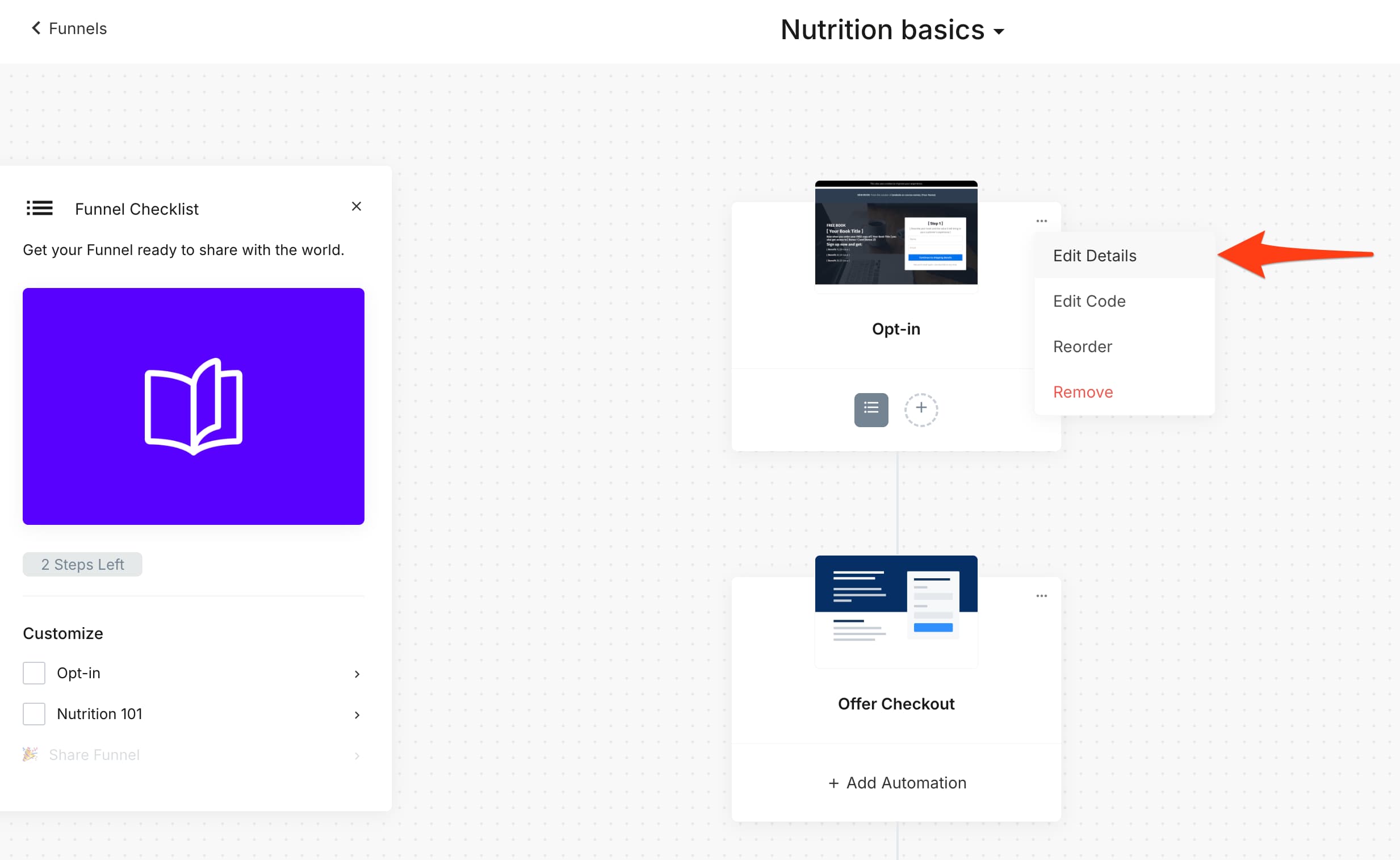 edit details of funnels page