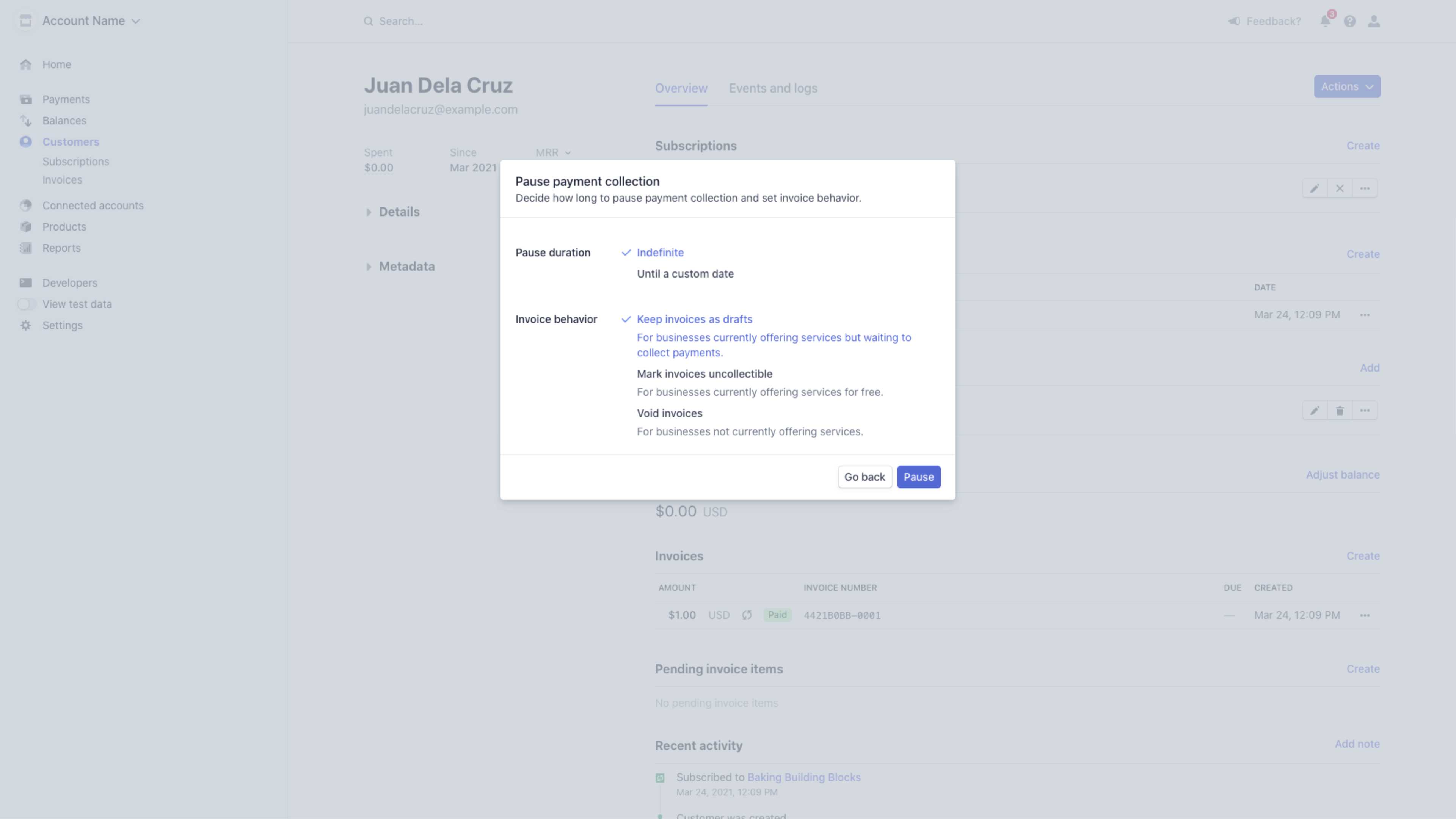 Stripe pause subscription