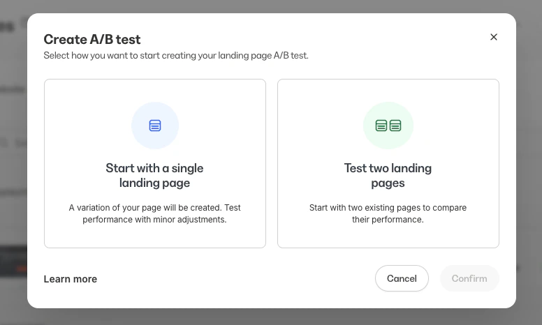 Landing Page A/B test options