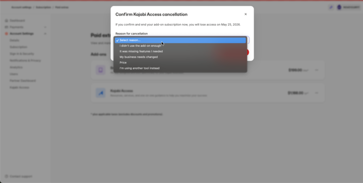Cancellation reason selection