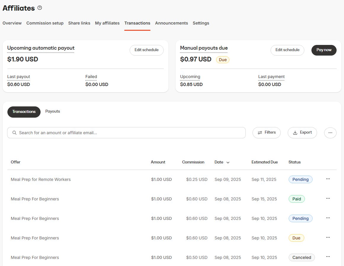 Transactions view