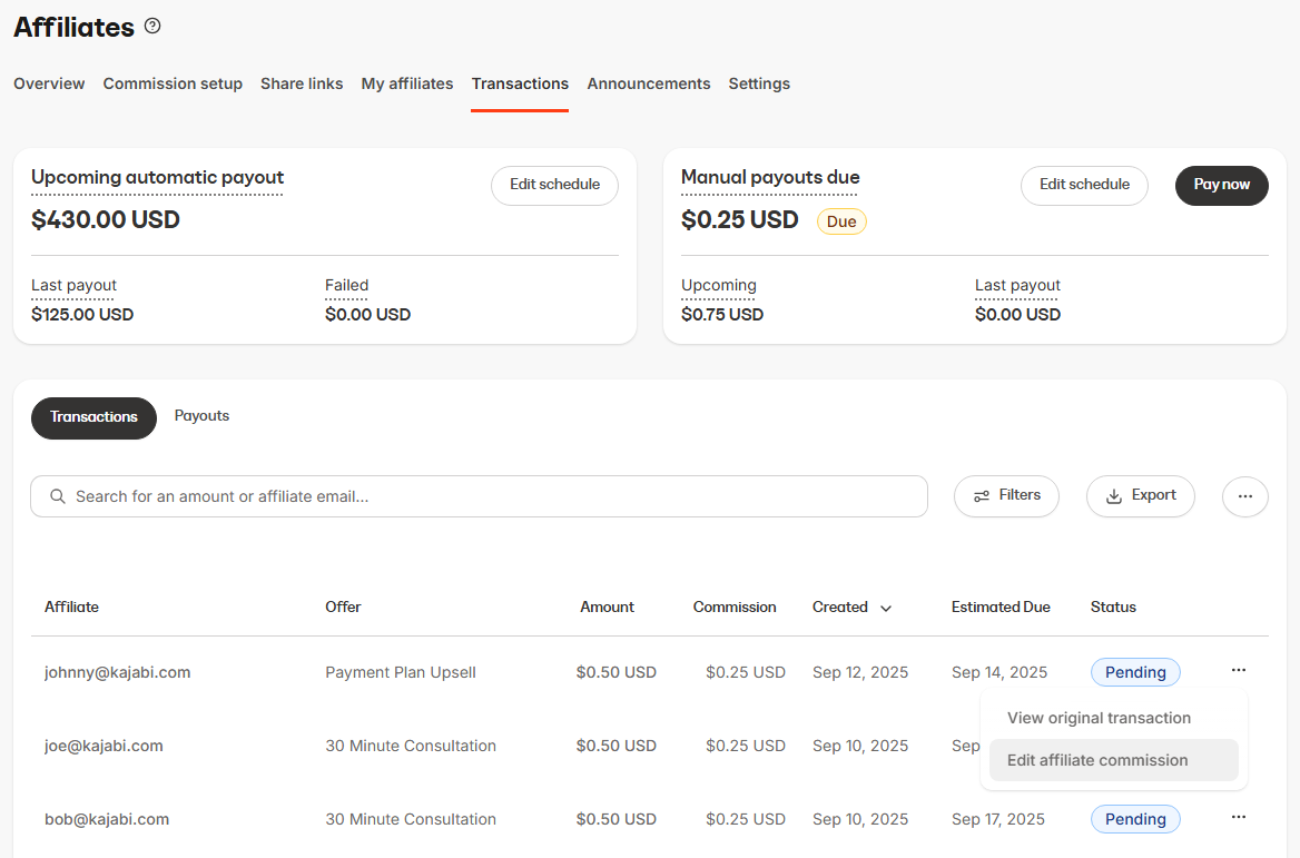 Edit commission menu